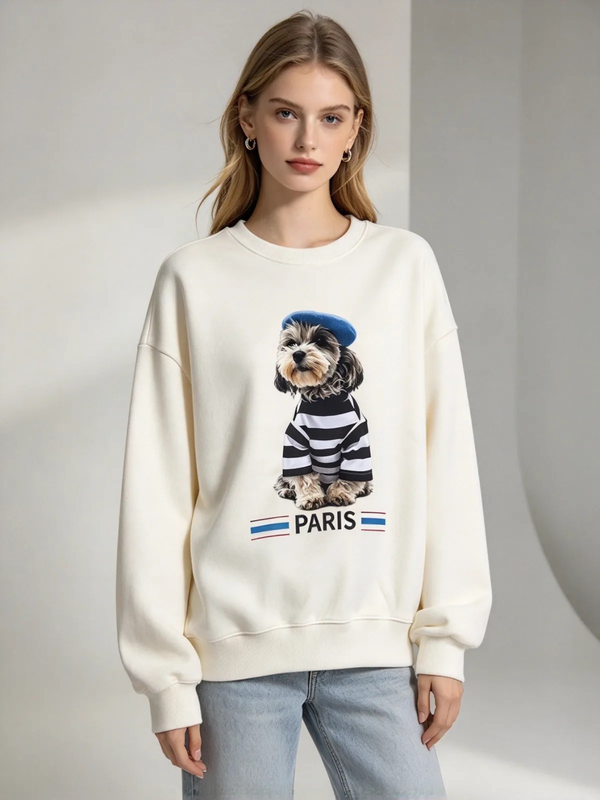 (H1) 戴貝雷帽的雪納瑞巴黎風衛衣 (SIZE: S-3XL)(3件以上平均$379/件,5件以上平均$369/件,買滿12件送隱藏)  #法國Lune de Moon #1910LU