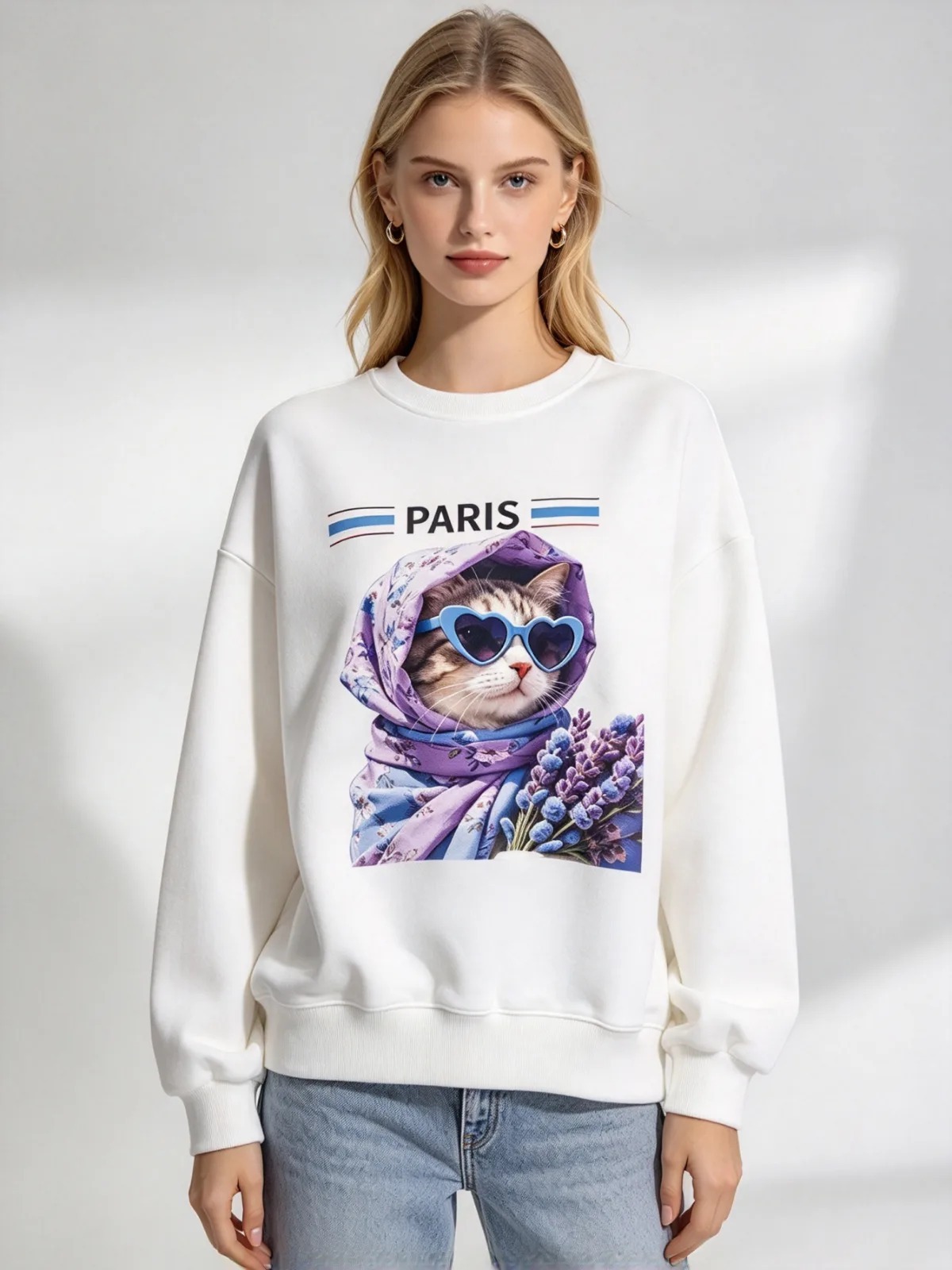 (I1) 薰衣草色圍巾貓咪巴黎圖案衛衣 (SIZE: S-3XL)(3件以上平均$379/件,5件以上平均$369/件,買滿12件送隱藏)  #法國Lune de Moon #1910LU