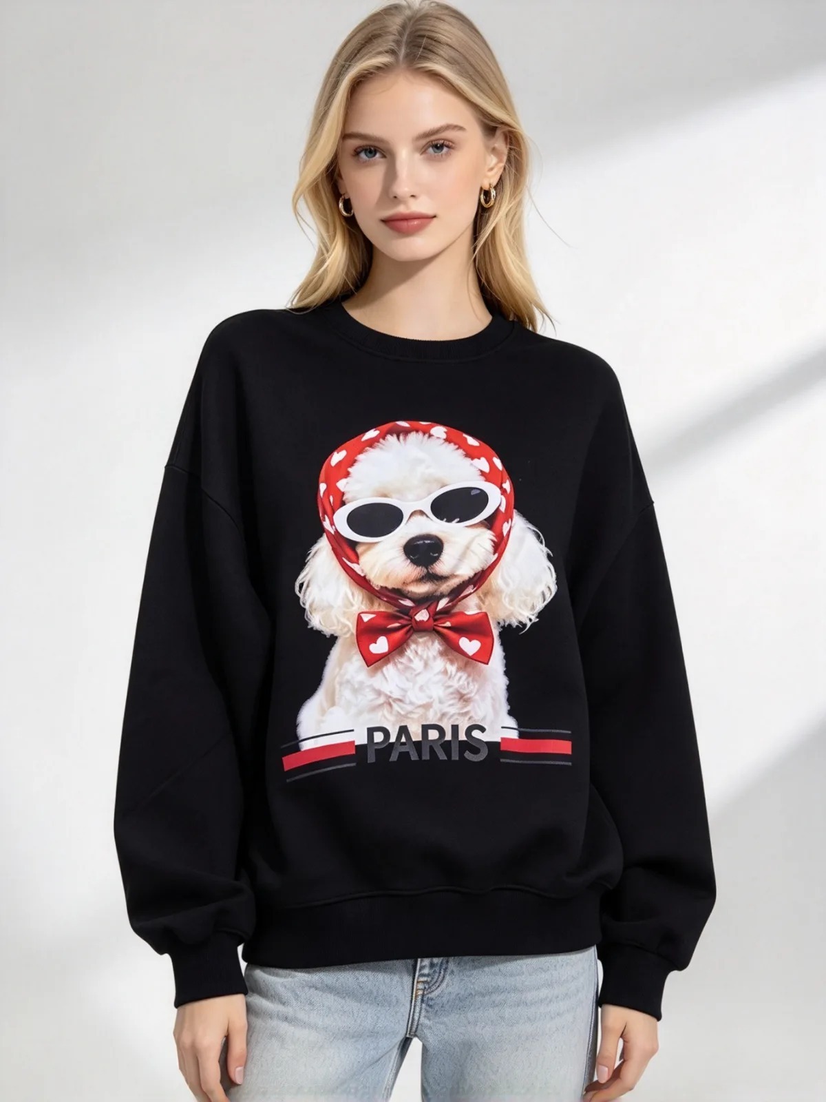 (J1) 波點圍巾貴賓犬巴黎圖案衛衣 (SIZE: S-3XL)(3件以上平均$379/件,5件以上平均$369/件,買滿12件送隱藏)  #法國Lune de Moon #1910LU
