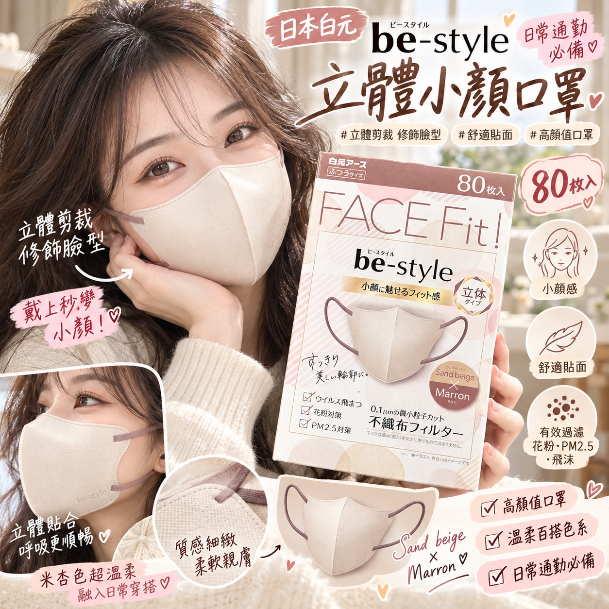 【預購】JM101309 日本白元 be-style 立體小顏口罩（一盒 80 枚）