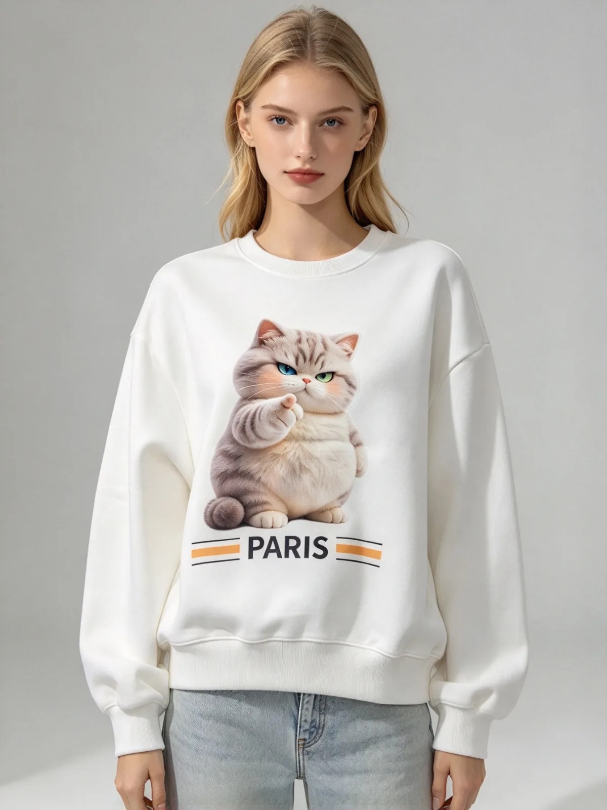 (N1) 巴黎風胖嘟嘟指路貓衛衣 (SIZE: S-3XL)(3件以上平均$379/件,5件以上平均$369/件,買滿12件送隱藏)  #法國Lune de Moon #1910LU
