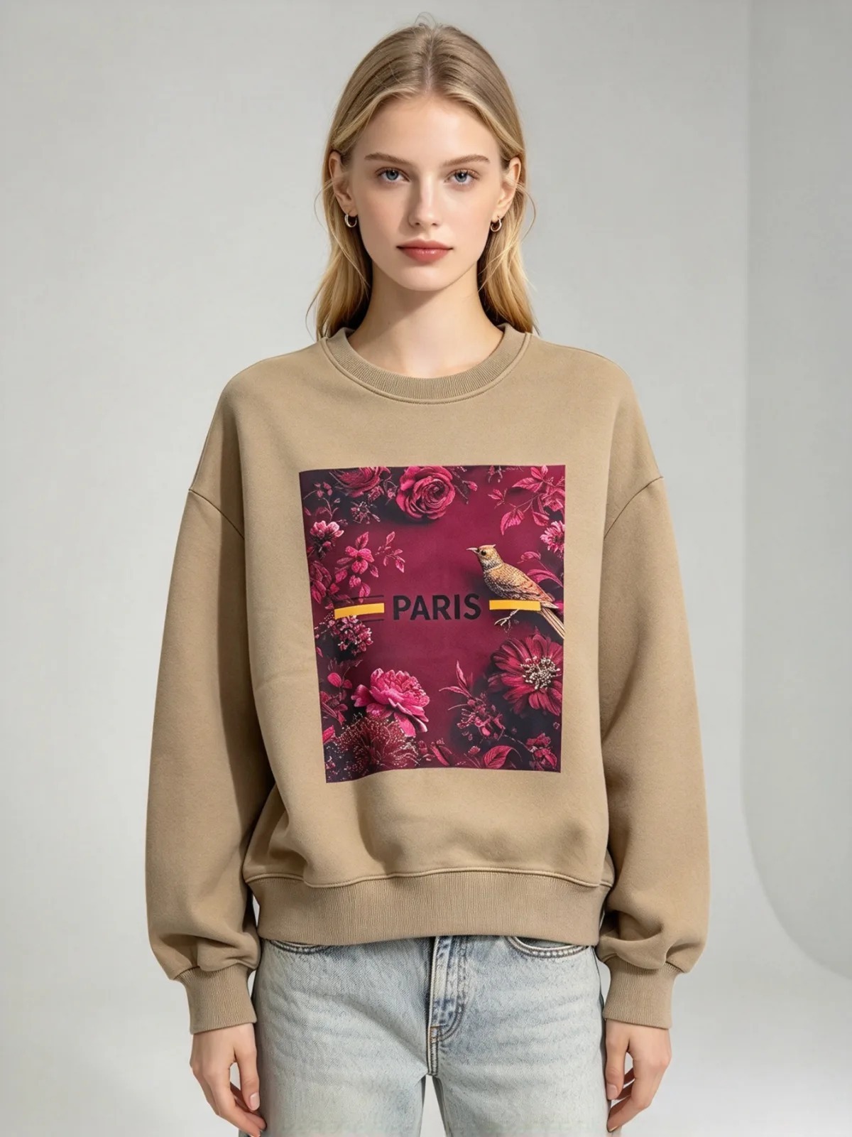 (O1) 酒紅色玫瑰與鳥圖案巴黎風衛衣 (SIZE: S-3XL)(3件以上平均$379/件,5件以上平均$369/件,買滿12件送隱藏)  #法國Lune de Moon #1910LU
