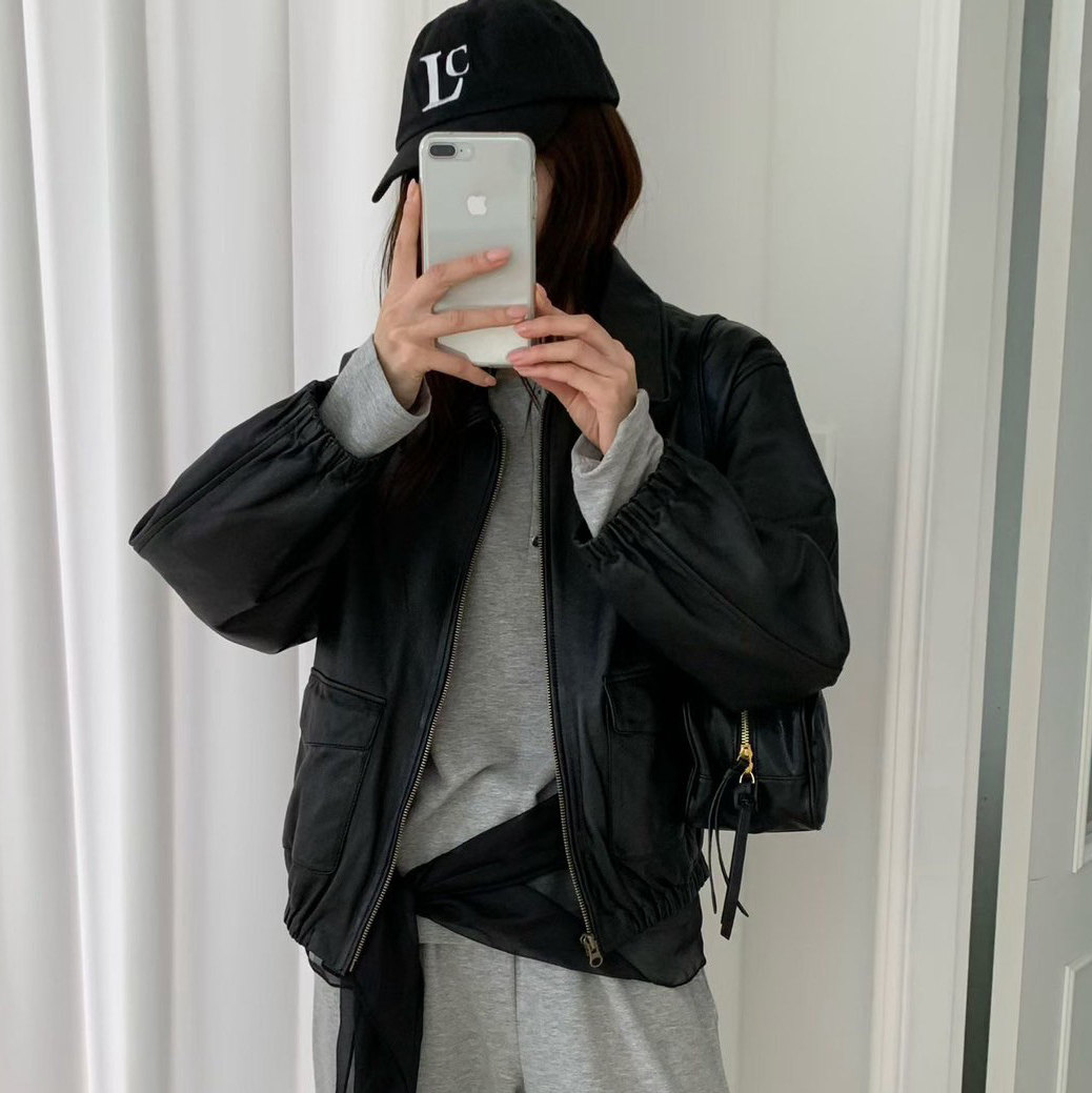 經典黑真皮時髦感翻領拉鍊皮衣外套