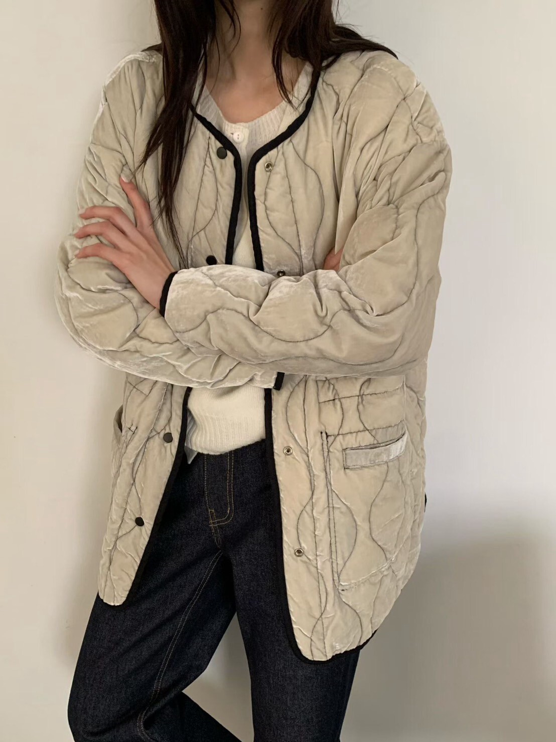 配色滾邊造型圓領排釦衍縫外套 / 2色