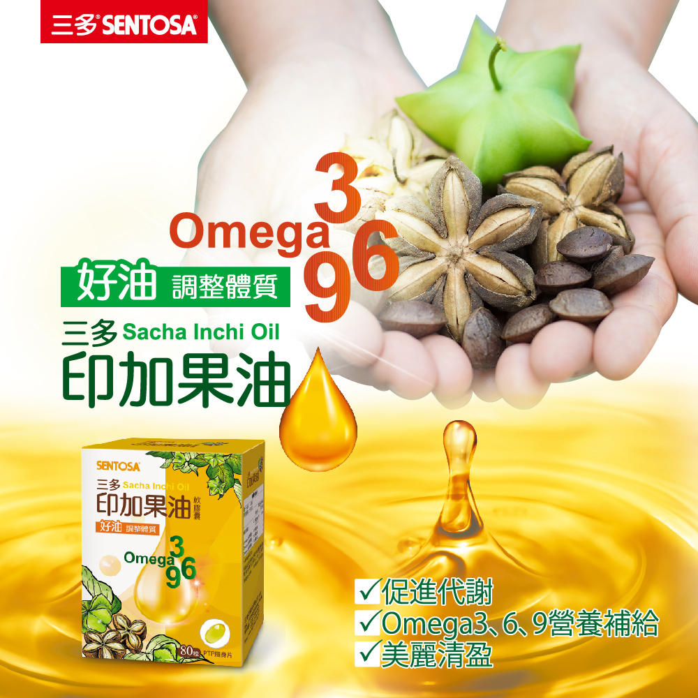 三多印加果油軟膠囊,主要成分為祕魯印加花生油(印加果油),富含植物來源 Omega-3、Omega-6、Omega-9,適合作為日常油脂營養補充。