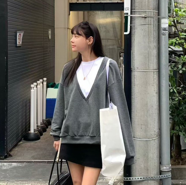 學院風配色假兩件V字圓領衛衣大學TEE / 2色