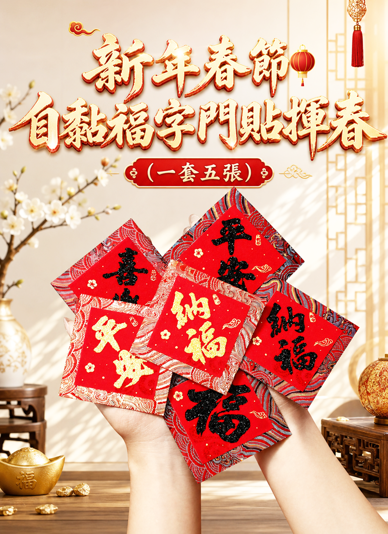 新年春節自黏福字門貼揮春 (一套五張) HN2707