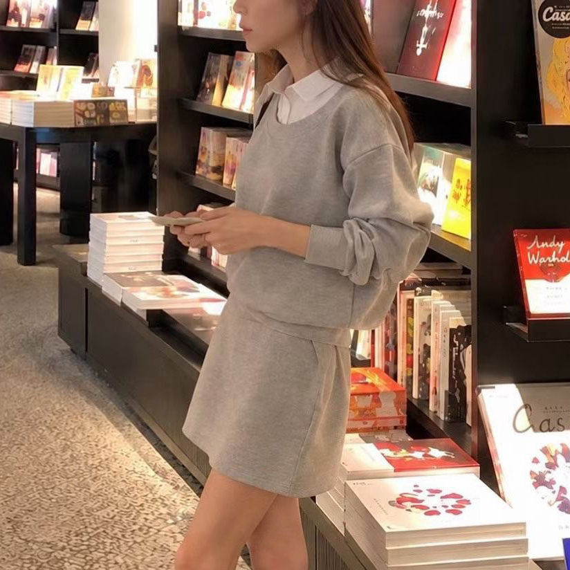 配色假兩件襯衫圓領縮腰棉質短洋裝 / 2色