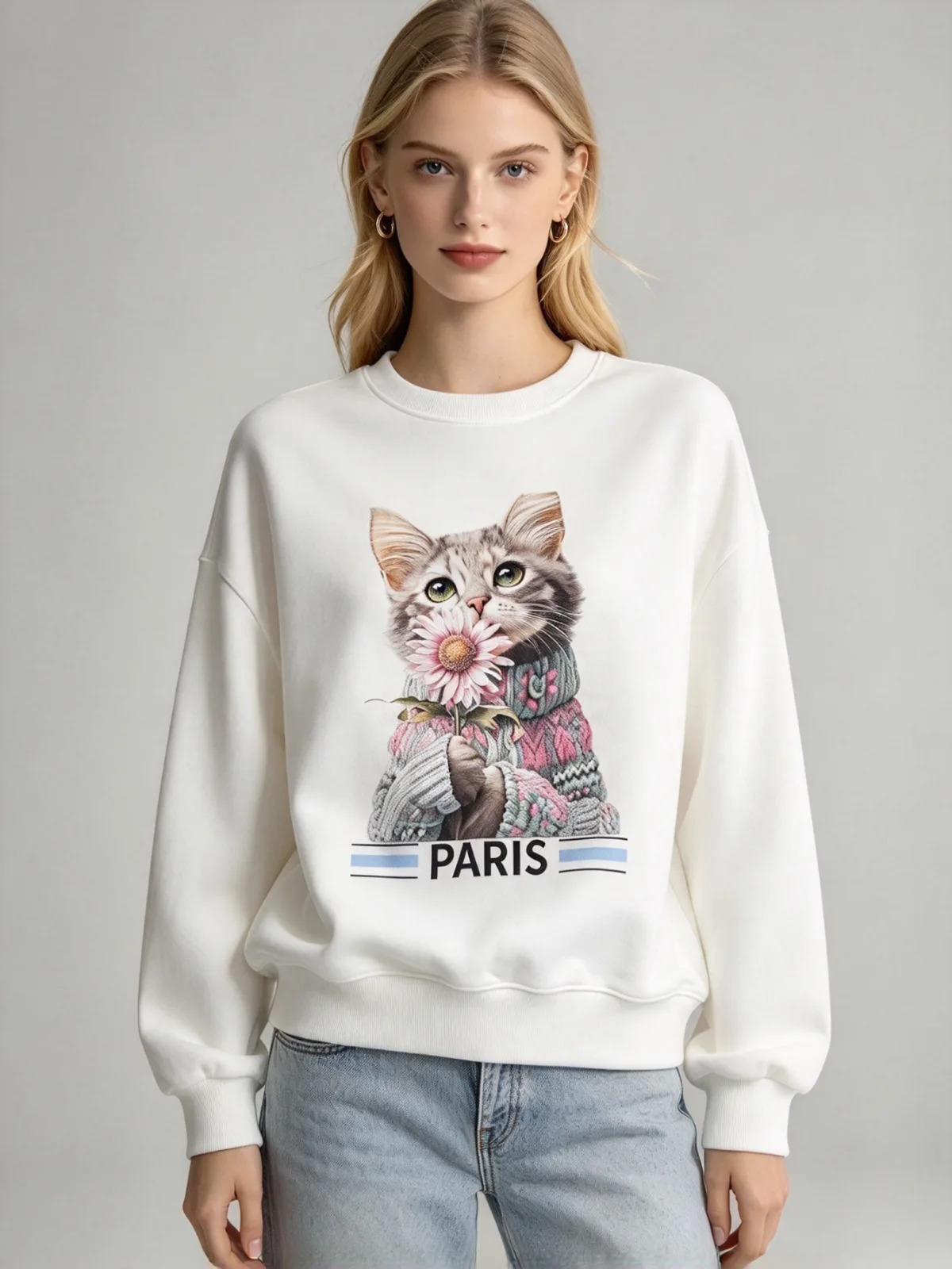(U1) 針織貓咪與向日葵圖案巴黎風衛衣 (SIZE: S-3XL)(3件以上平均$379/件,5件以上平均$369/件,買滿12件送隱藏)  #法國Lune de Moon #1910LU