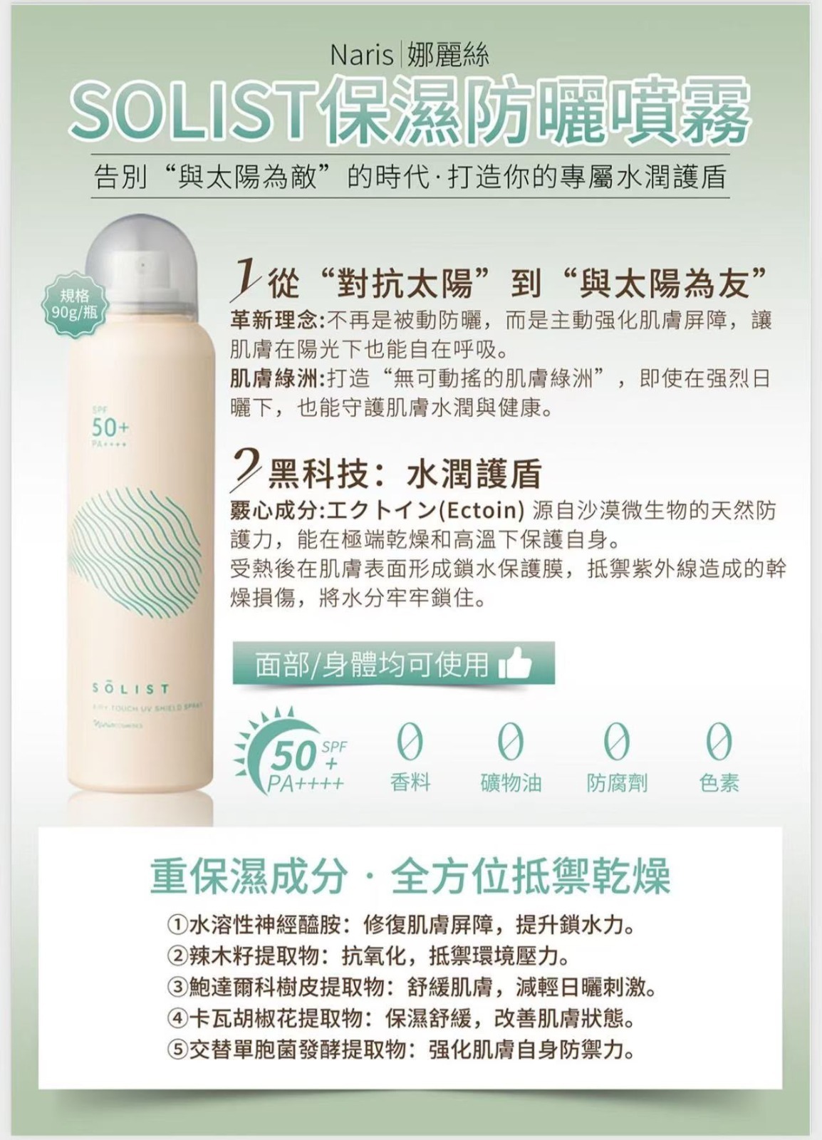 Naris SOLIST新版水潤防曬噴霧90g 臉部+全身用PA++++ SPF50+(J2610 NA857)