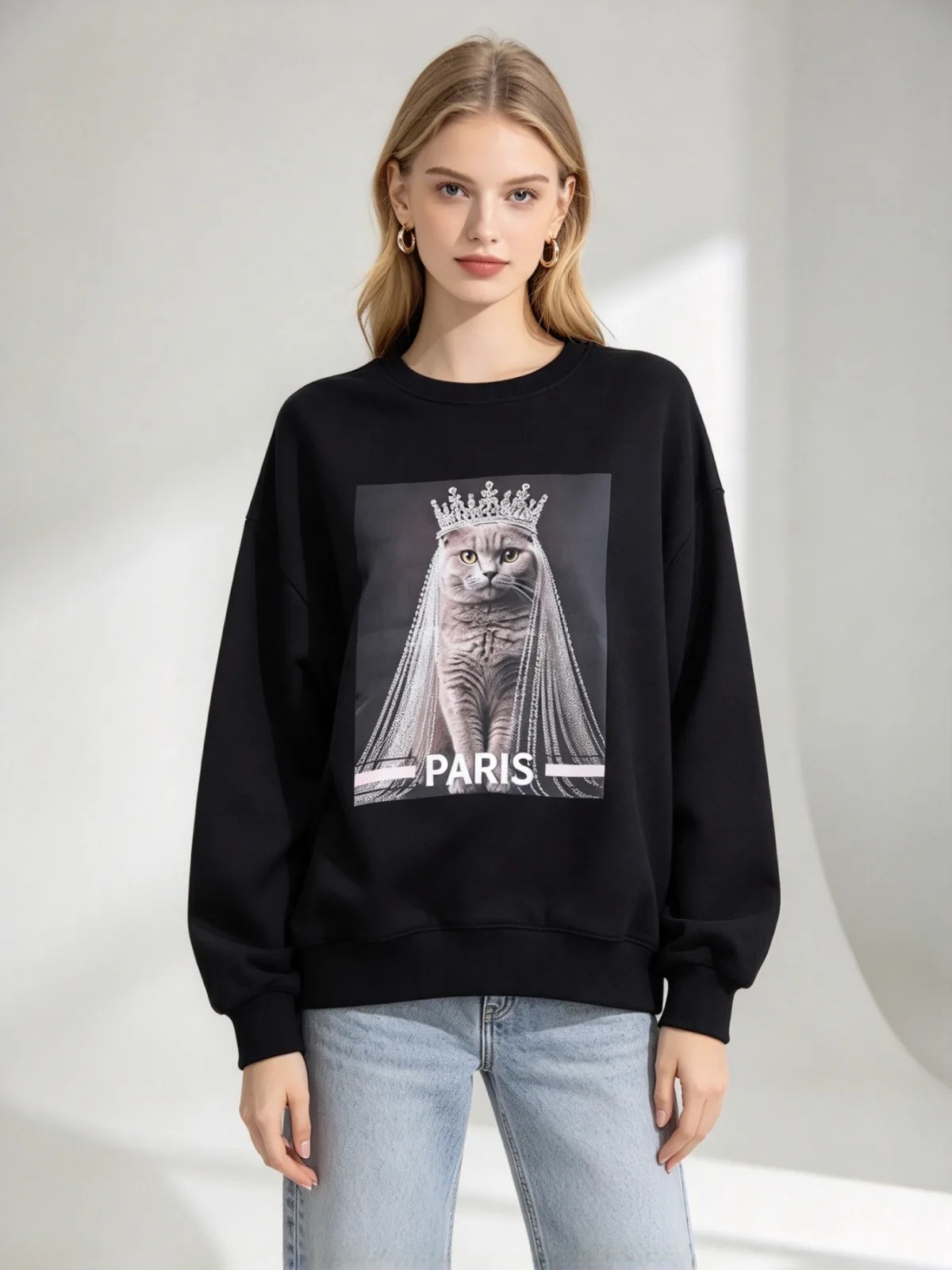 (X1) 皇冠新娘貓咪巴黎圖案衛衣 (SIZE: S-3XL)(3件以上平均$379/件,5件以上平均$369/件,買滿12件送隱藏)  #法國Lune de Moon #1910LU