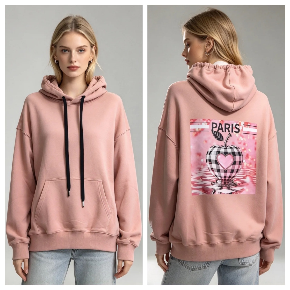 (Y1) 巴黎蘋果圖案格紋連帽衛衣 (SIZE: S-3XL)(3件以上平均$479/件,5件以上平均$469/件,買滿12件送隱藏)  #法國Lune de Moon #1910LU