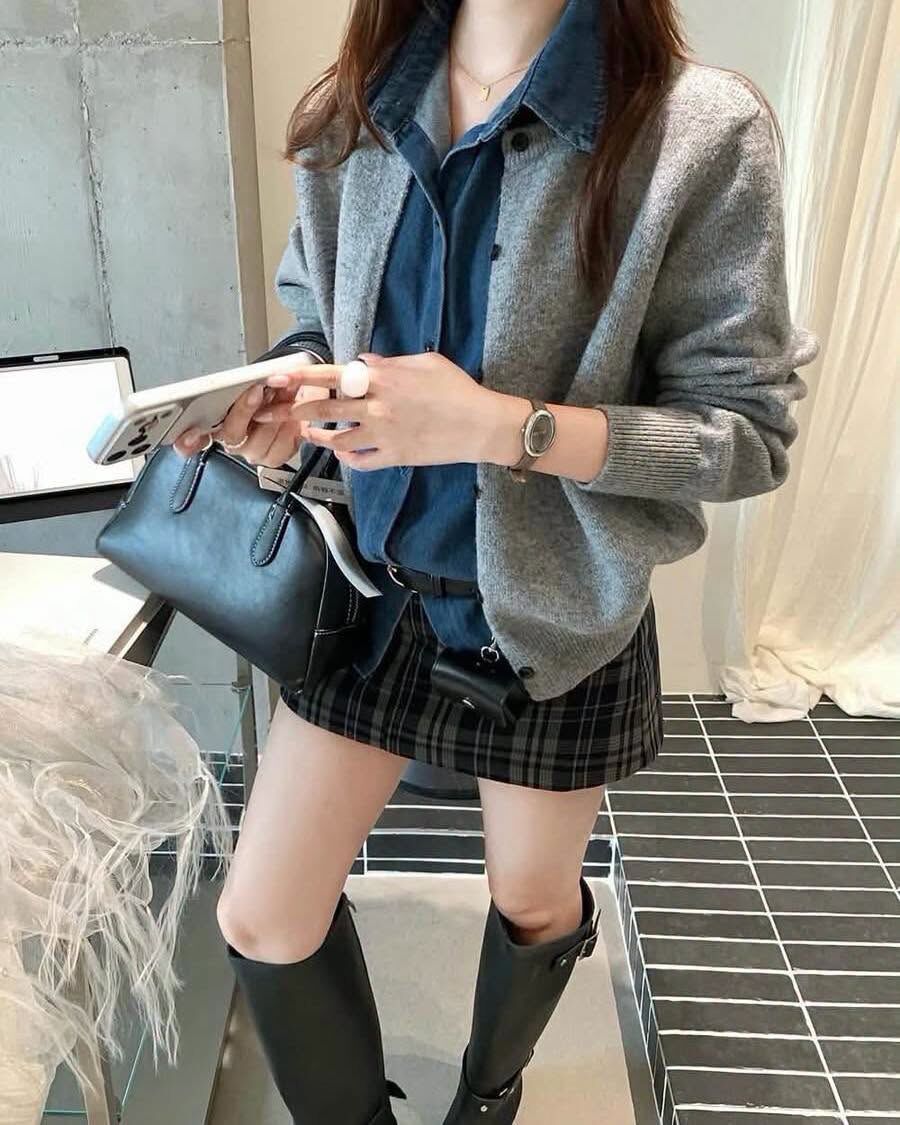 【時髦慵懶牛仔拼接針織假2件外套】（現貨）
