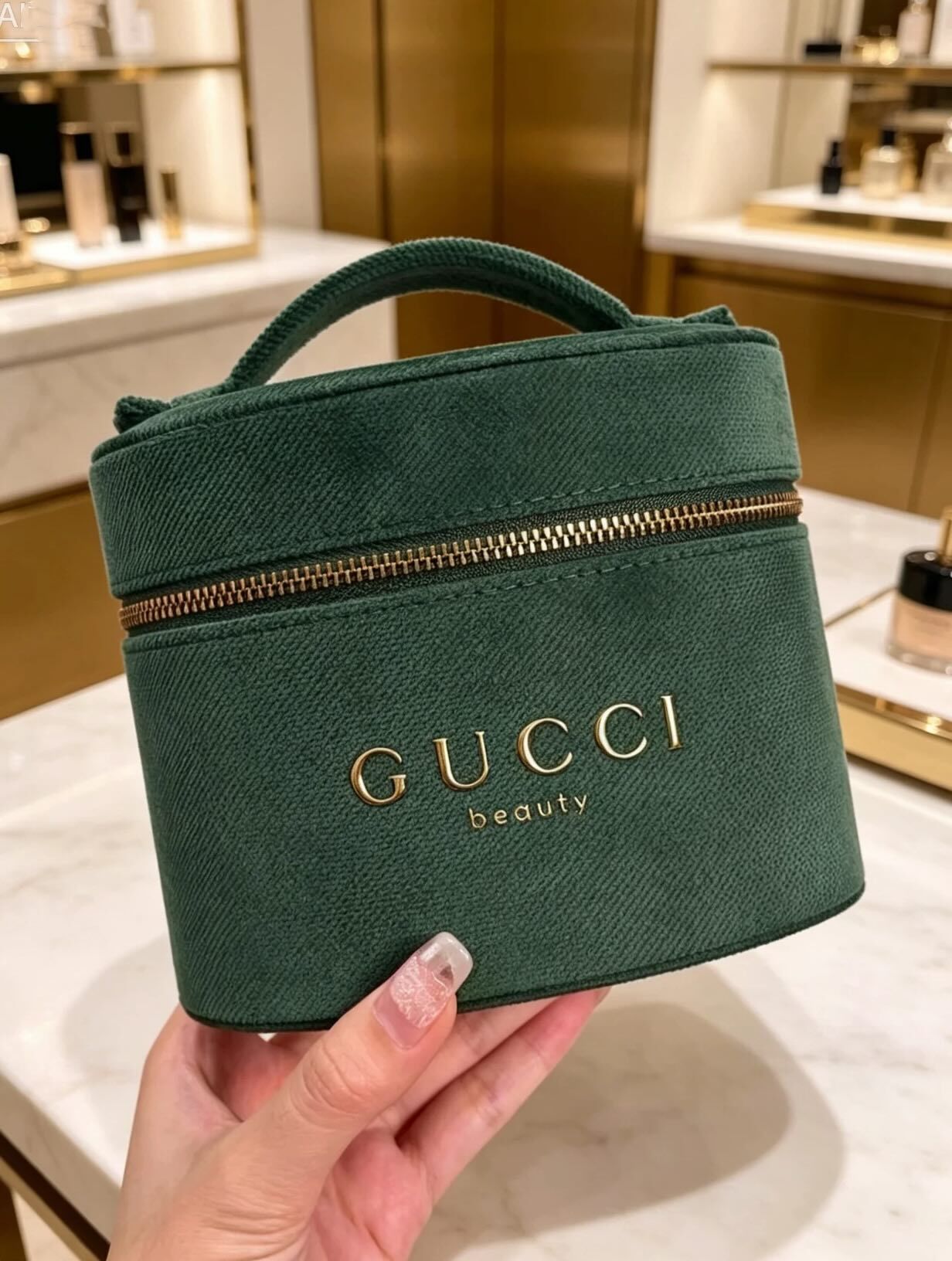 Gucci Beauty 復古墨綠色絨質橢圓型化妝收納盒