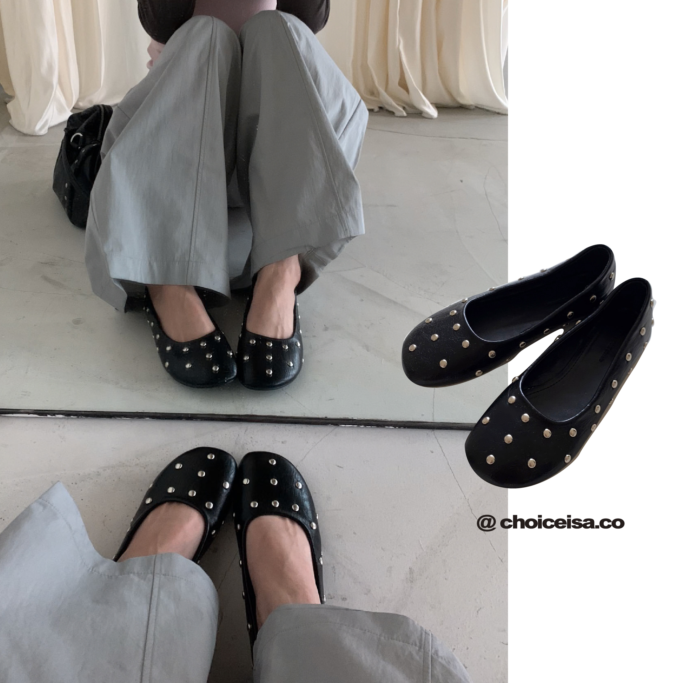 ISA_腳尖時髦秀場 鉚釘圓頭平底娃娃鞋_61024
