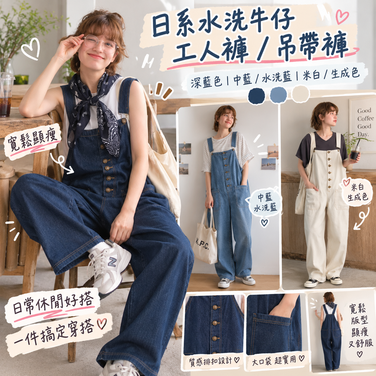 【預購】JM101321 水洗加工寬鬆牛仔吊帶褲