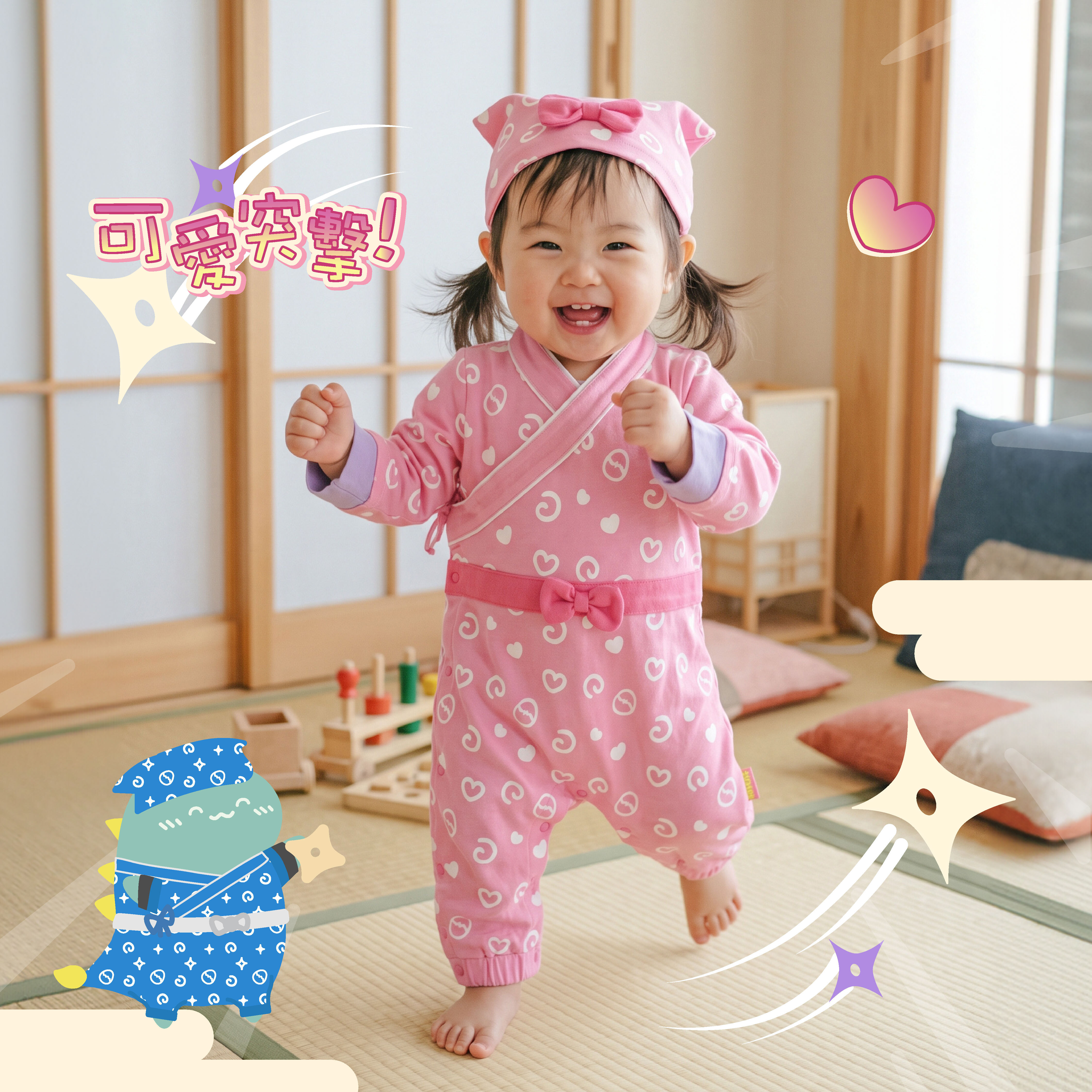 Peachy Pink Ninja bb Training Outfit Set (Headband + Faux Two-Piece Long-Sleeve Romper)