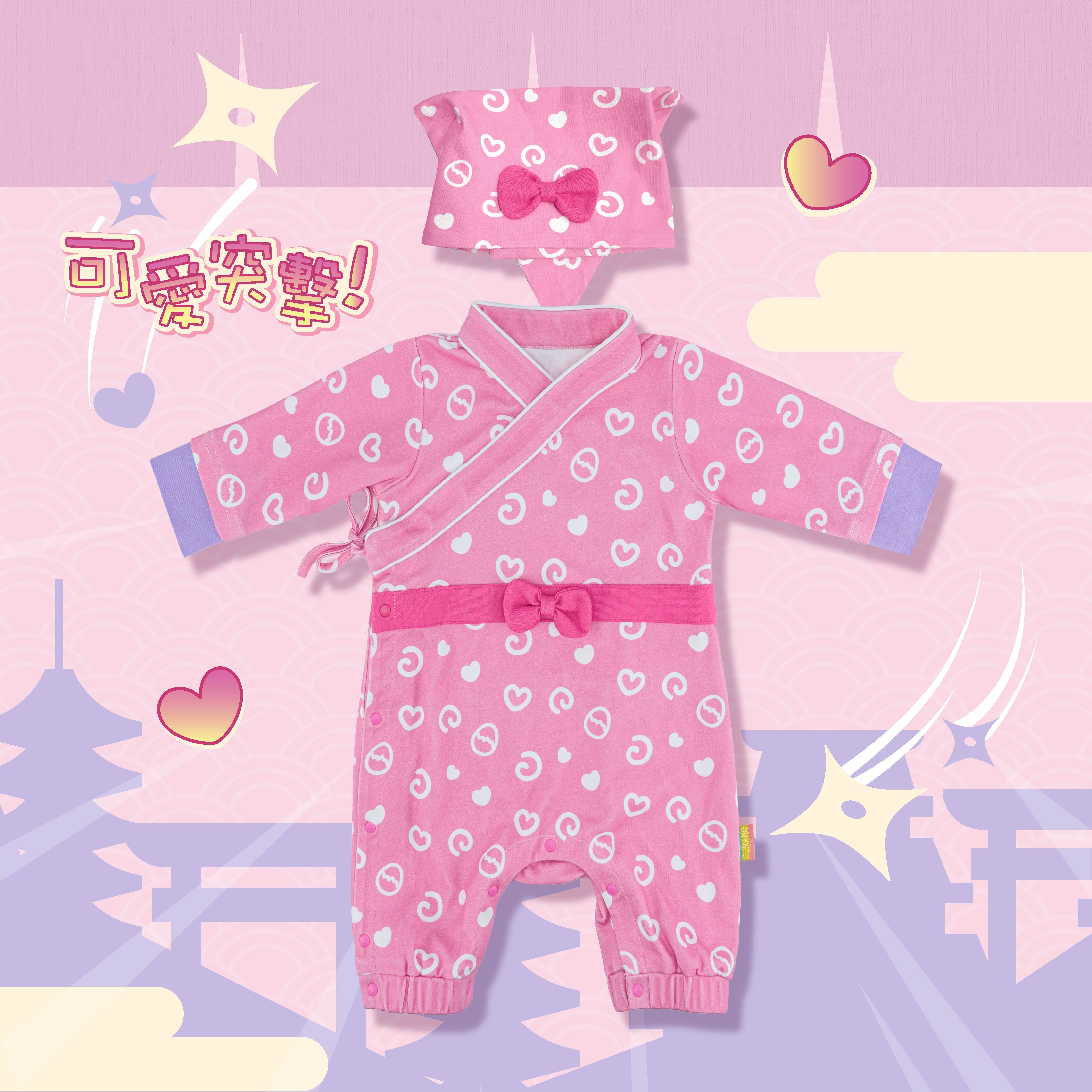 OMYMONSTER 桃氣粉 初級忍者BB 修煉服套裝（頭巾+假兩件長袖連身夾衣）