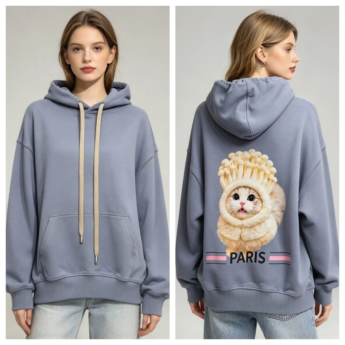 (AE1) 金針菇巴黎貓咪連帽衛衣 (SIZE: S-3XL)(3件以上平均$479/件,5件以上平均$469/件,買滿12件送隱藏)  #法國Lune de Moon #1910LU