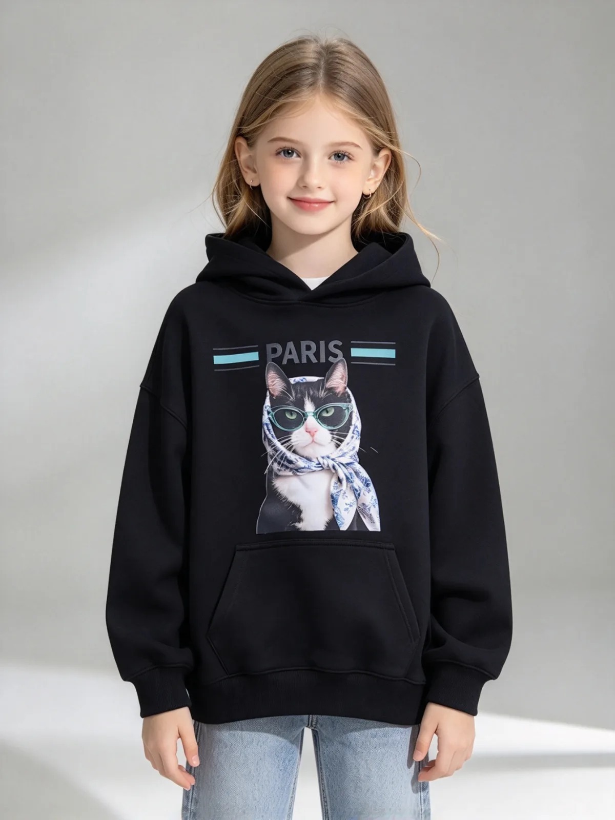 (AK1) 巴黎圍巾貓咪圖案兒童連帽衛衣 (SIZE: S-3XL)(3件以上平均$479/件,5件以上平均$469/件,買滿12件送隱藏)  #法國Lune de Moon #1910LU