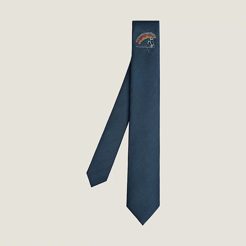 HERMES Cheval Punk embroidered tie Marine / Ciel / Orange NO.68