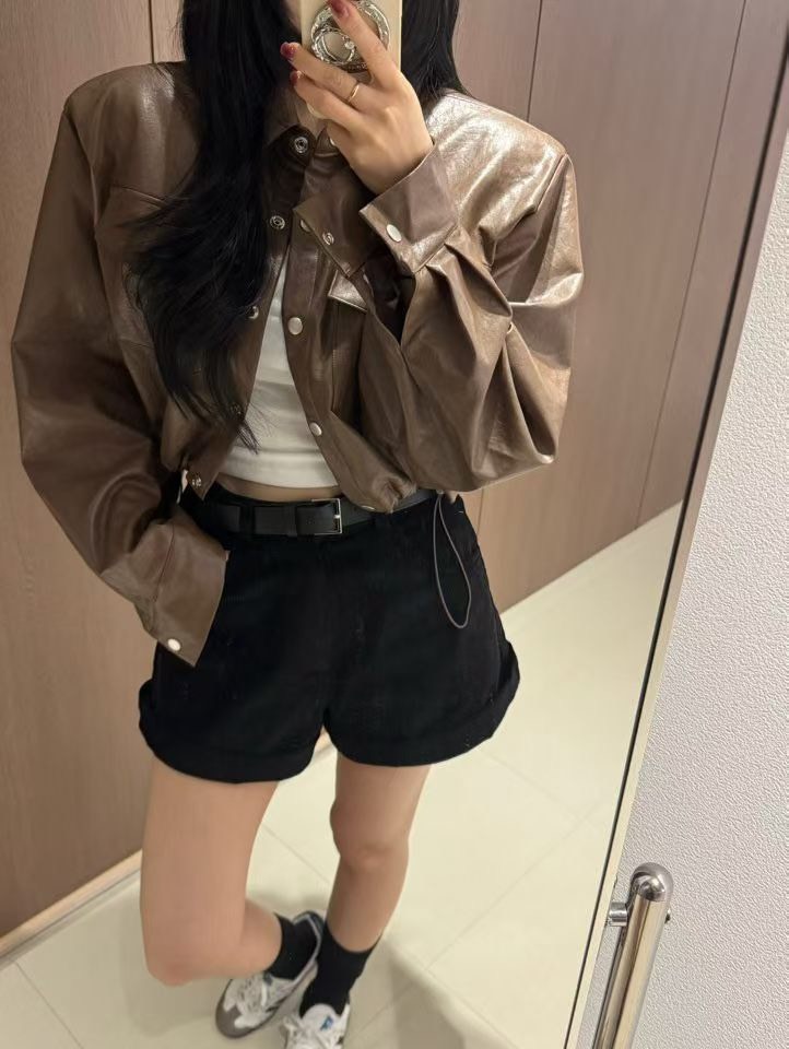 短版縮腰pu皮襯衫夾克