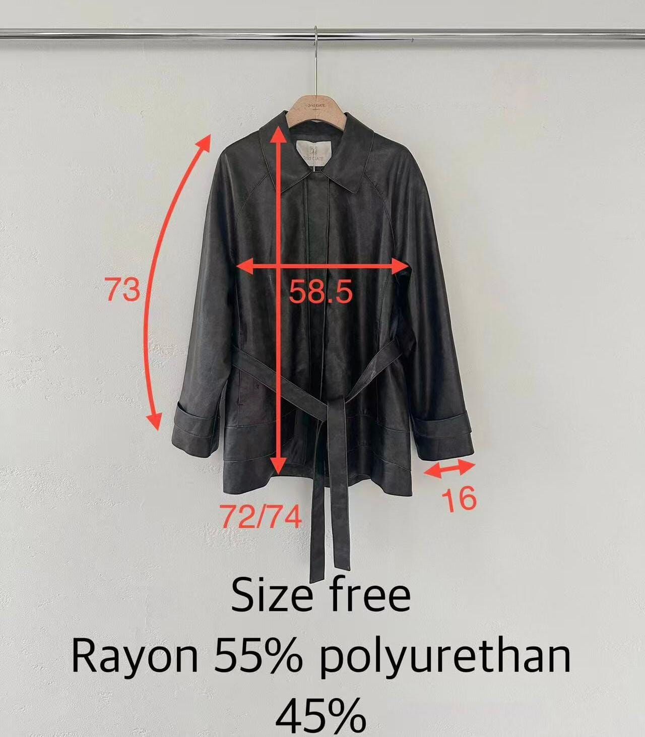 SG7215 摩登時髦繫帶霧面黑皮質風衣