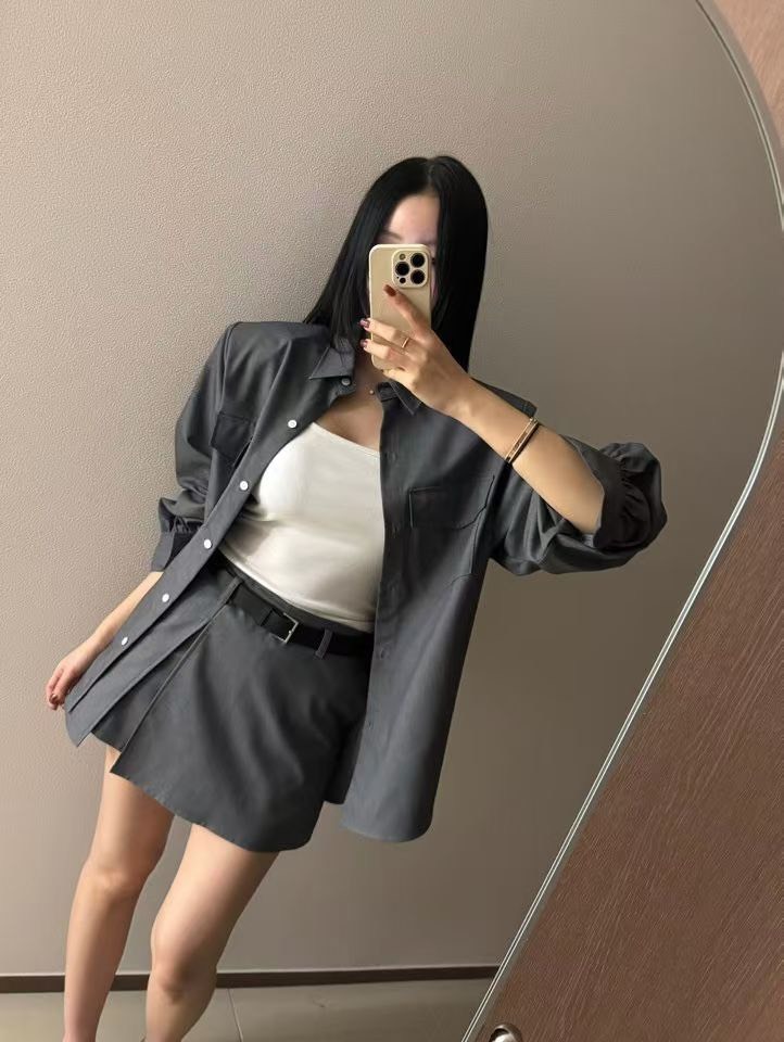 墊肩休閒長襯衫  腰帶短褲裙(分售)