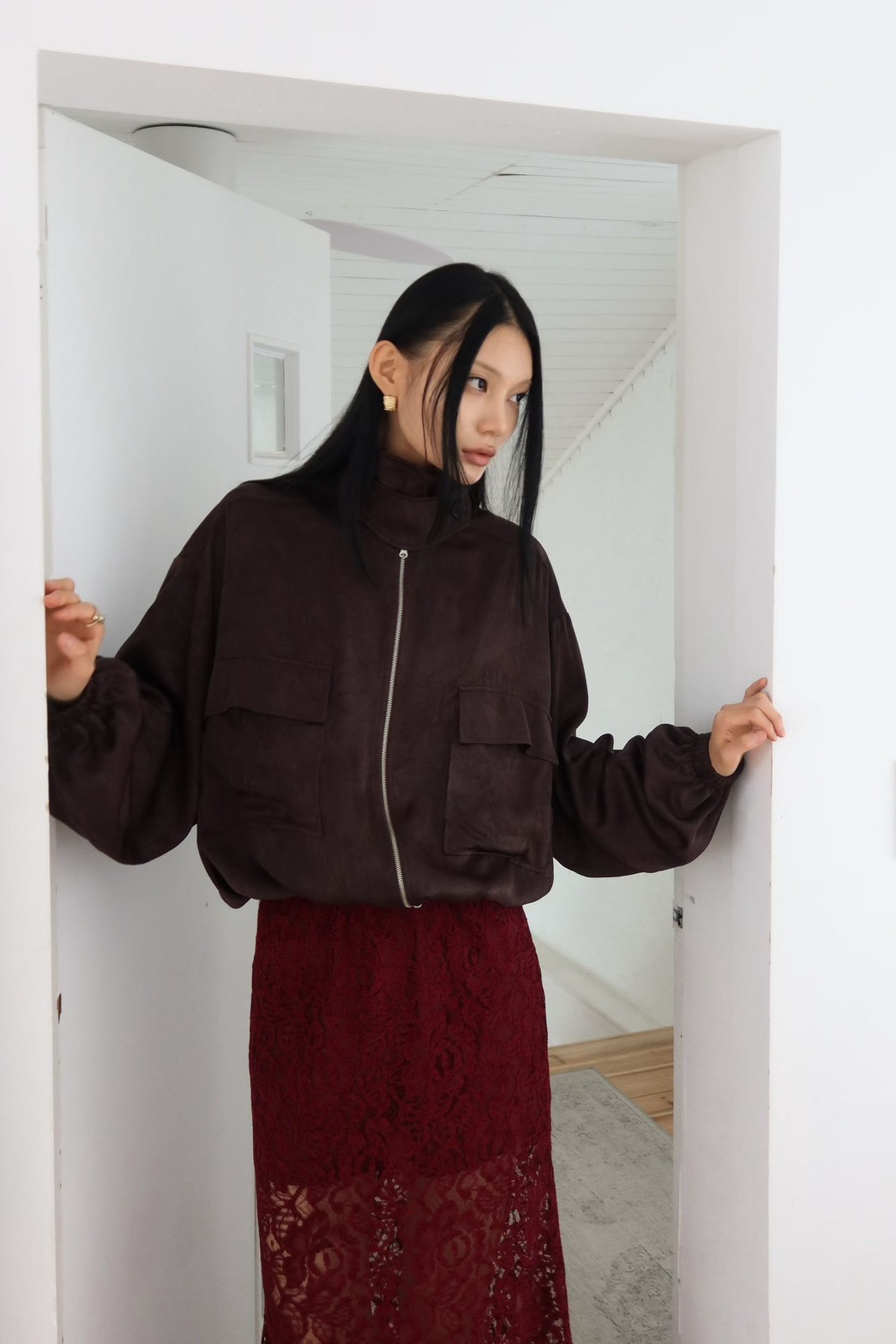 立領絨面拉鍊口袋縮擺夾克