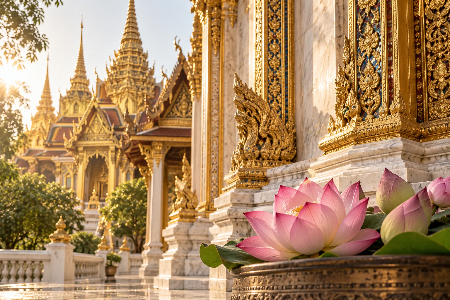 泰國寺廟金色雕飾與蓮花的清雅宗教氛圍