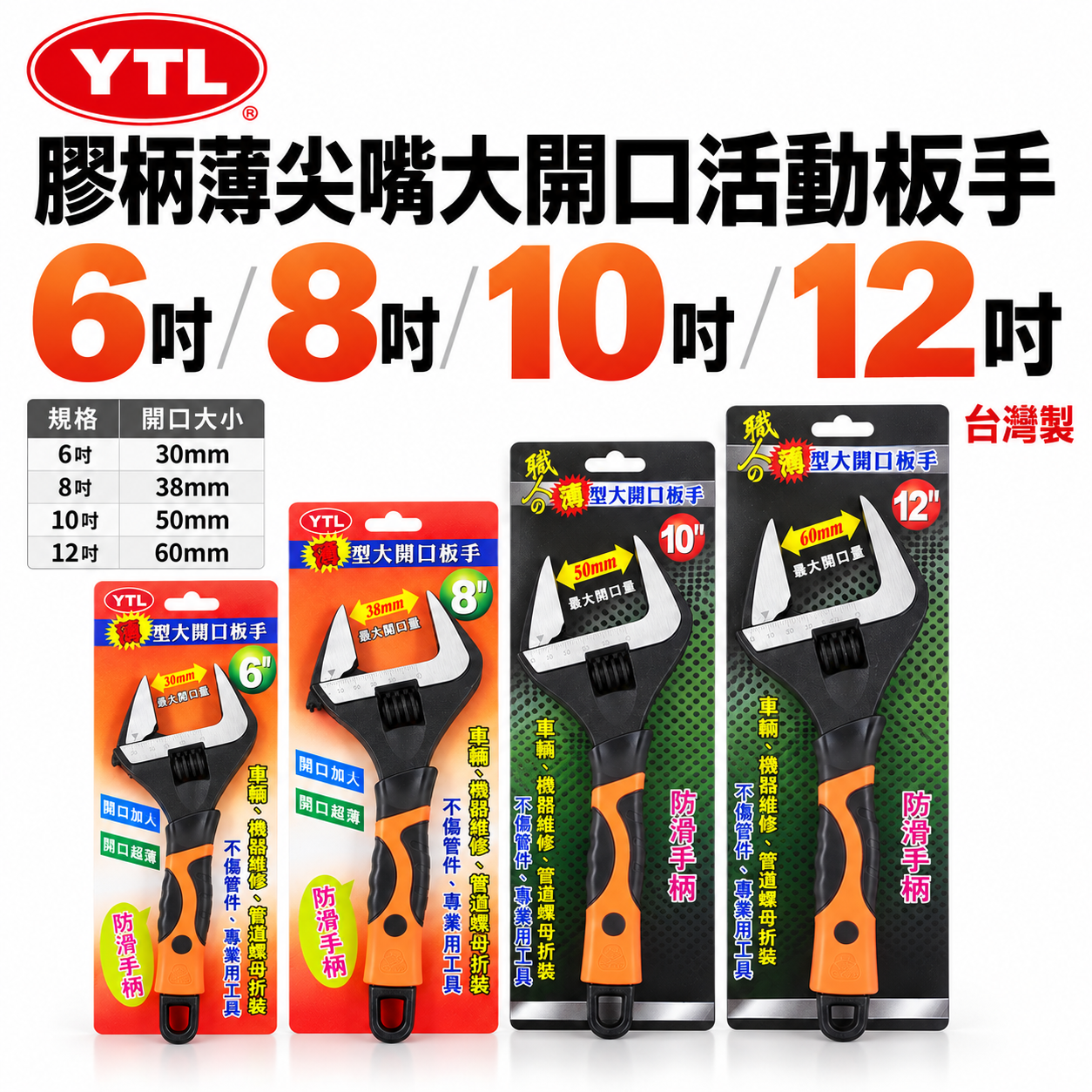 職人/YTL隨機｜6" 8" 10" 12"防滑膠柄薄嘴大開口活動板手 尖嘴型活動板手 膠柄活動扳手｜經濟型