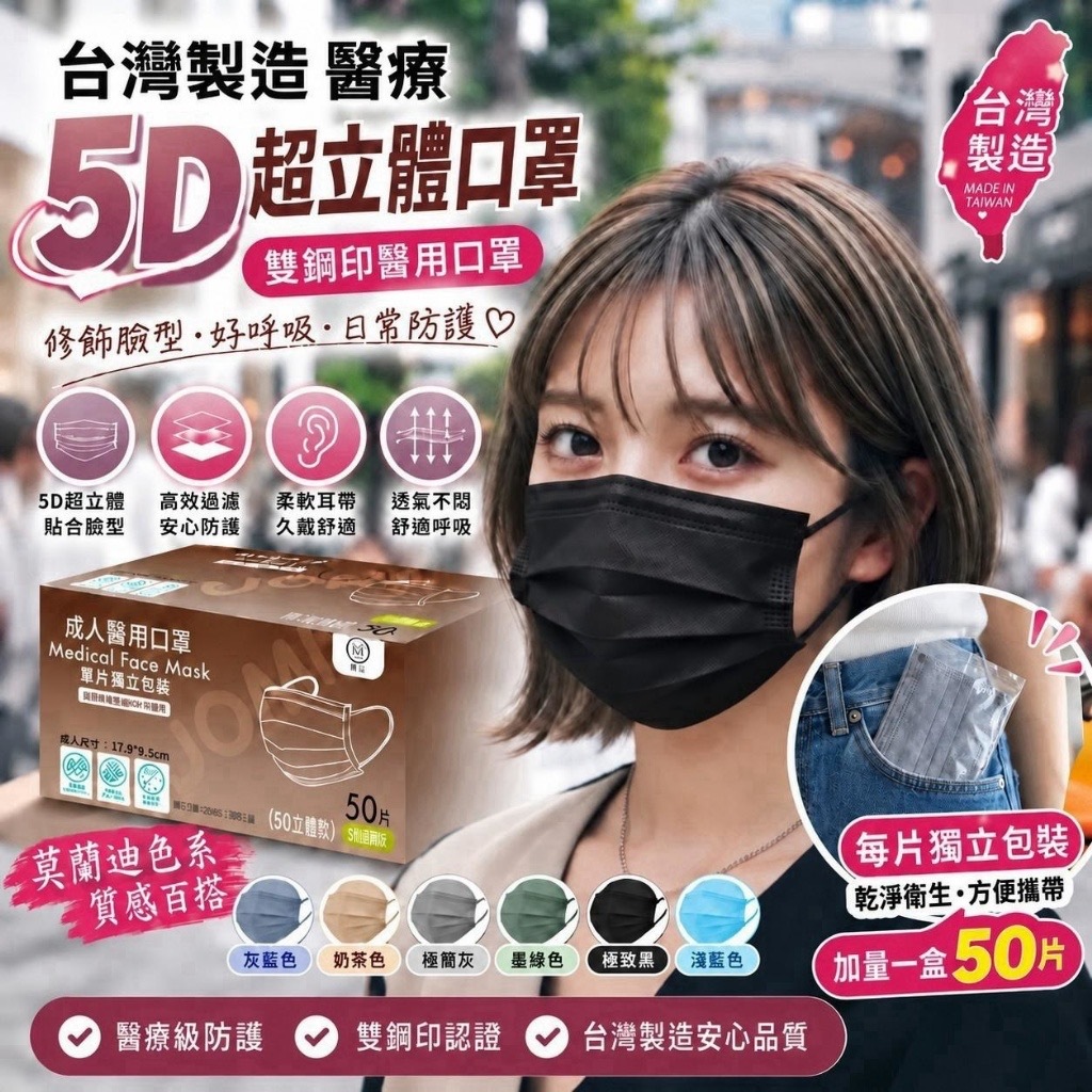 MIT台灣製益健生醫雙鋼印成人醫用口罩5D滿版穿搭系 同色一組4盒