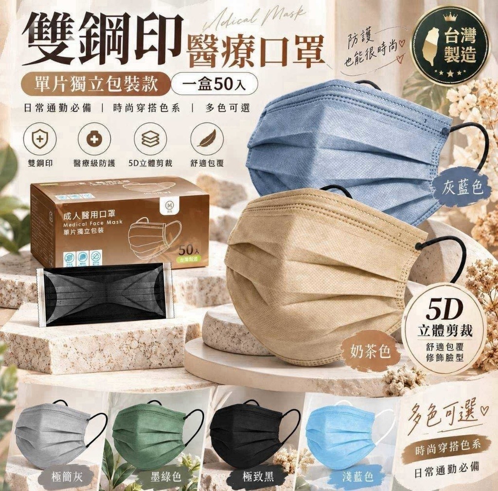 MIT台灣製益健生醫雙鋼印成人醫用口罩5D滿版穿搭系 同色一組4盒