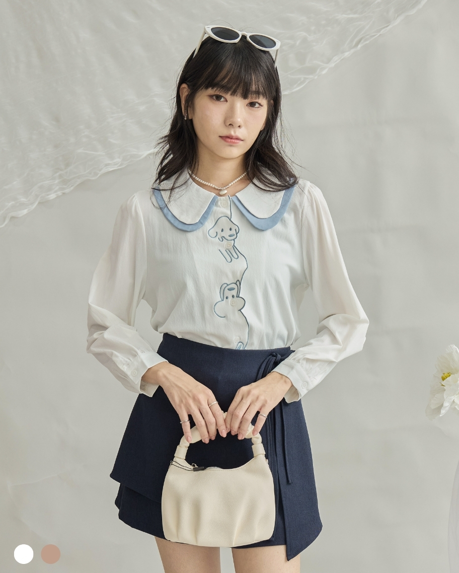 歡樂小狗刺繡撞色圓領上衣