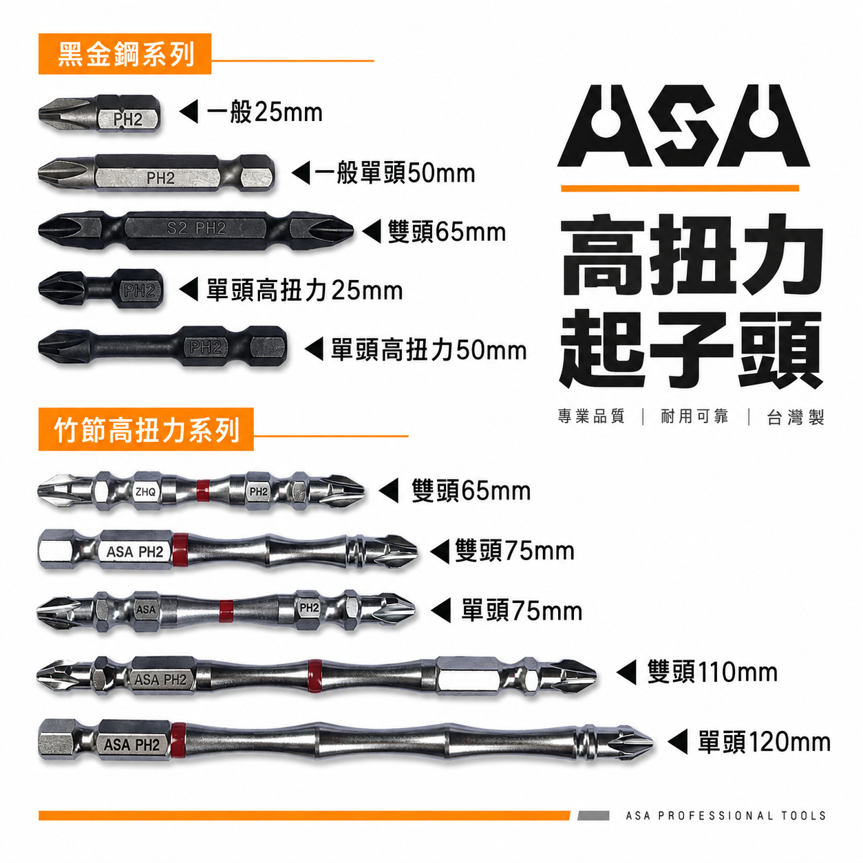 ASA 台灣製｜附磁鐵-銀色-高扭力起子頭 2號起子頭 雙頭十字起子頭 PH2 #2 十字起子頭 單頭起子頭