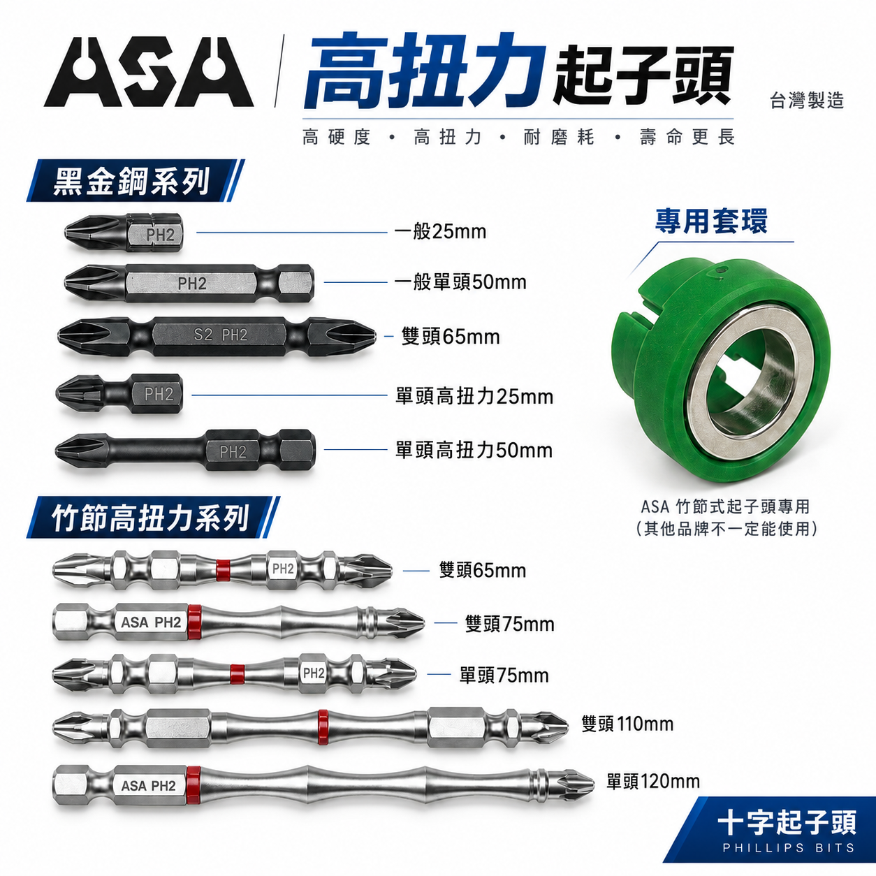 零售｜ASA 台灣製 高扭力起子頭｜黑金剛 銀色｜雙十字起子頭｜盒子｜磁鐵 雙頭 單頭十字頭 PH2 #2