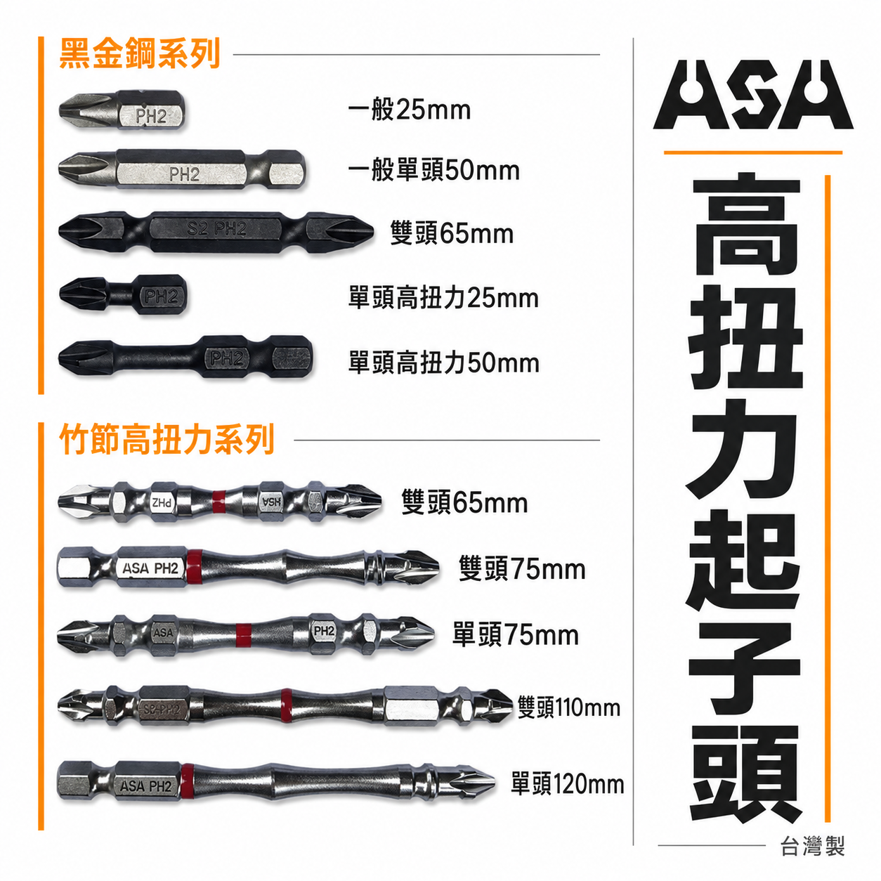 零售｜ASA 台灣製 高扭力起子頭｜黑金剛 銀色｜雙十字起子頭｜盒子｜磁鐵 雙頭 單頭十字頭 PH2 #2
