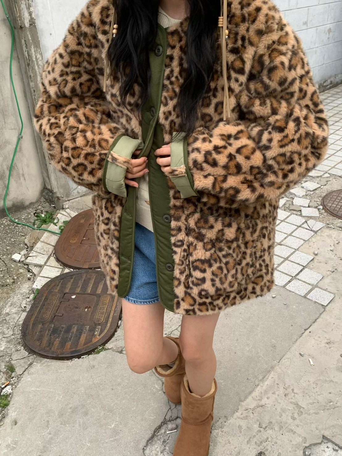 豹紋毛毛鋪棉墨綠外套