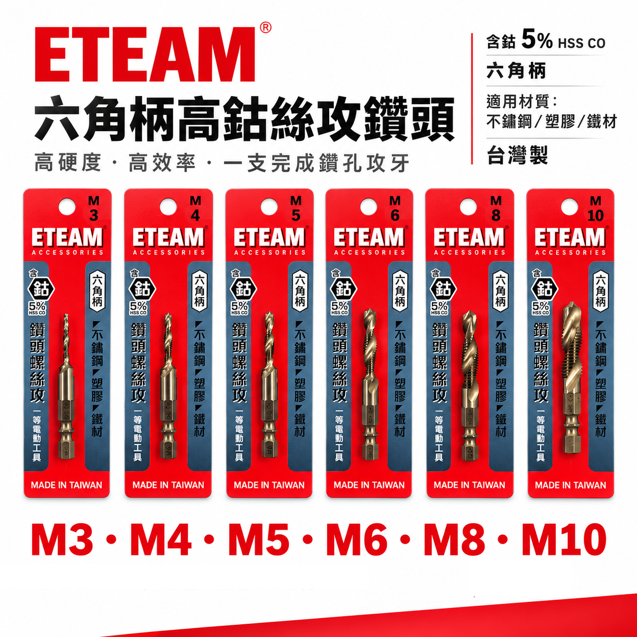 ETEAM 一等｜M35高鈷｜M3-M10｜六角柄高鈷絲攻鑽尾 攻牙鑽頭 TAP 六角軸複合絲攻 絲攻鑽頭