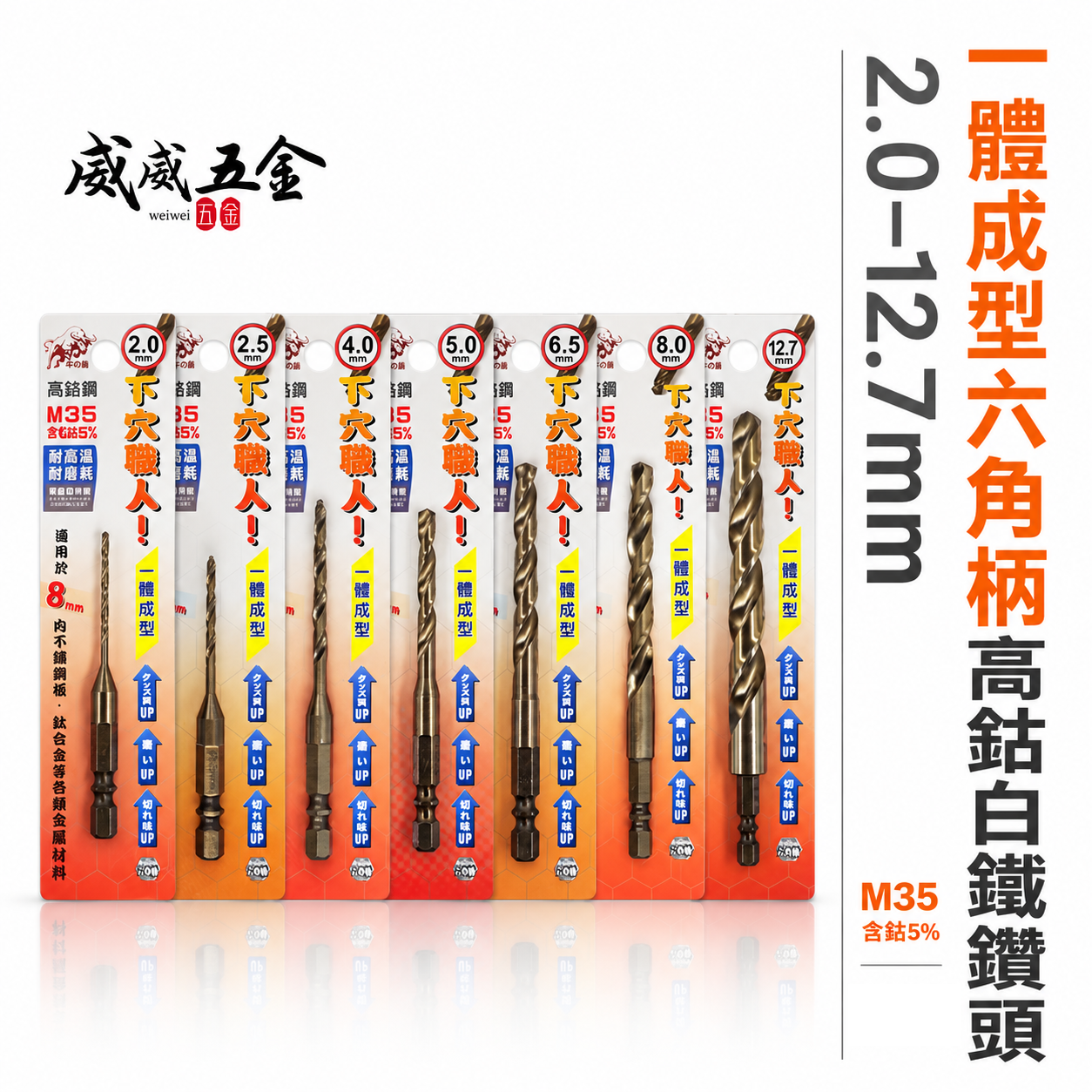 台灣製 鬥牛 M35｜耐鑽型 2-12.7mm｜一體成型六角柄高鈷白鐵鑽頭｜六角軸不鏽鋼用高鈷鑽尾 不鏽鋼用