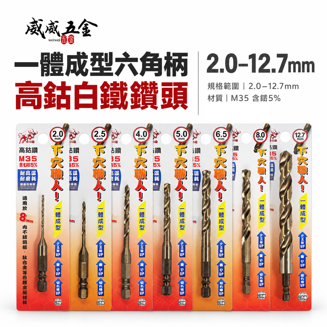 台灣製 鬥牛 M35｜耐鑽型 2-12.7mm｜一體成型六角柄高鈷白鐵鑽頭｜六角軸不鏽鋼用高鈷鑽尾 不鏽鋼用