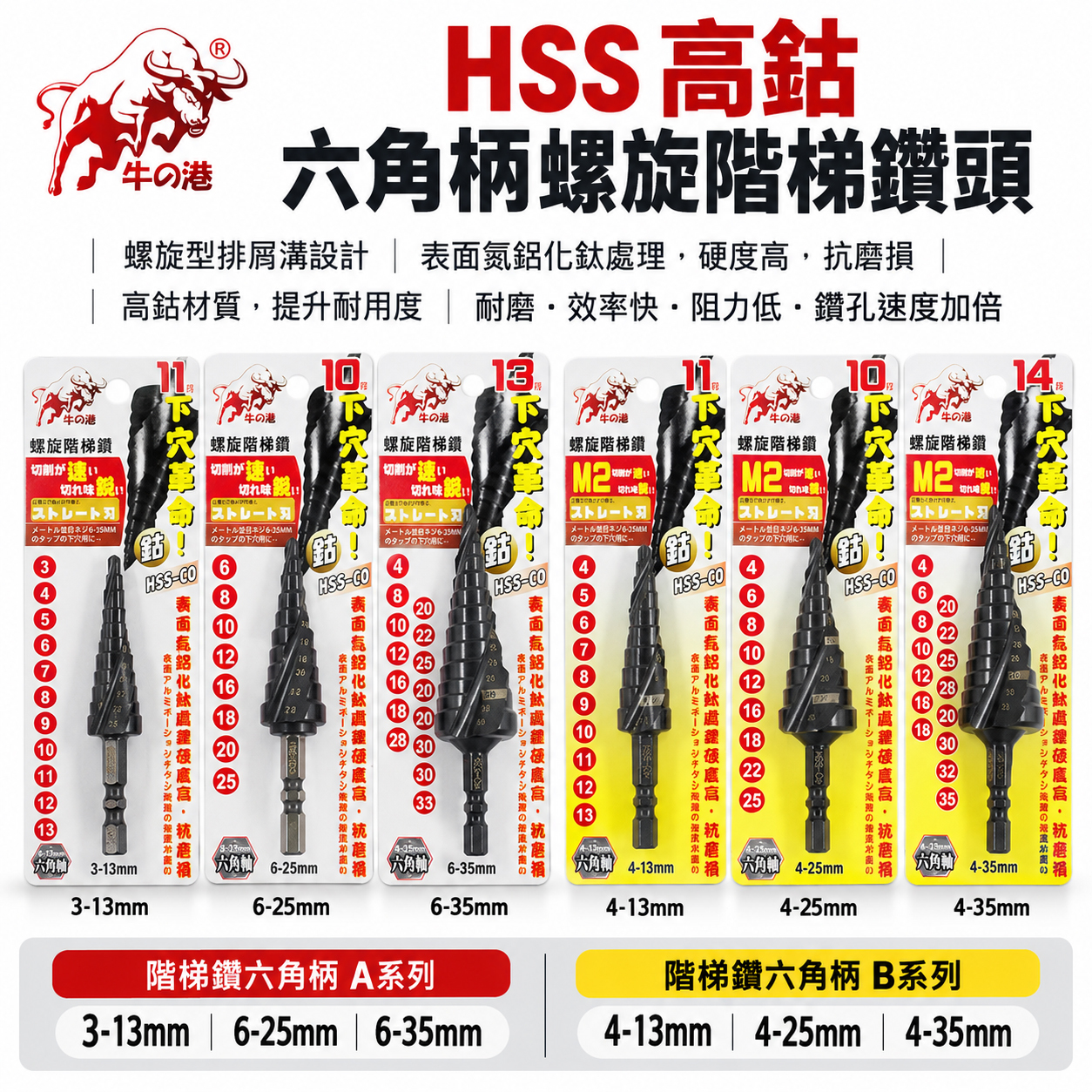 牛の港 鬥牛 M2 ｜HSS-CO M2 六角柄螺旋階梯鑽｜六角軸高鈷階梯鑽尾 六角螺旋階梯鑽頭 白鐵鑽｜零售3支組