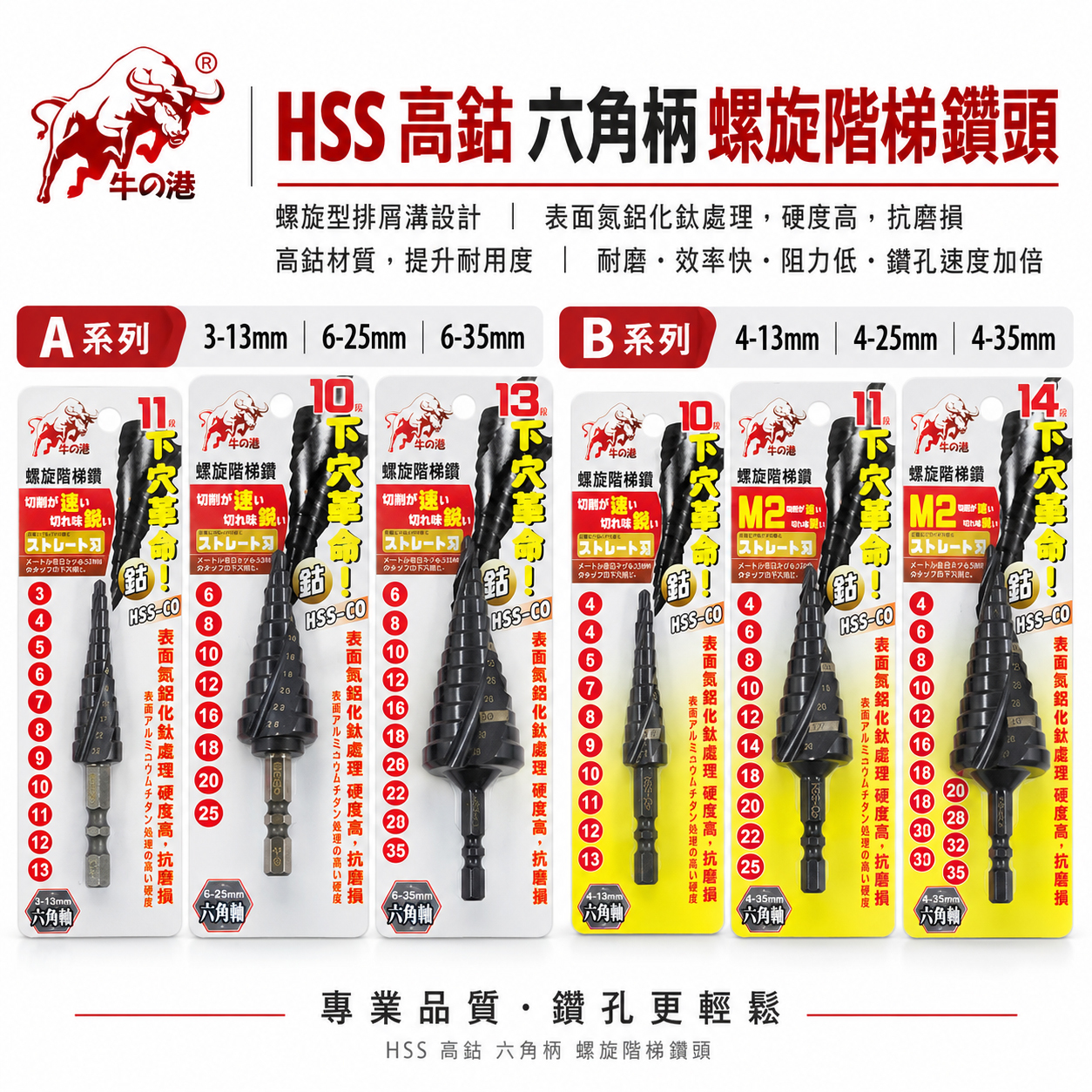 牛の港 鬥牛 M2 ｜HSS-CO M2 六角柄螺旋階梯鑽｜六角軸高鈷階梯鑽尾 六角螺旋階梯鑽頭 白鐵鑽｜零售3支組