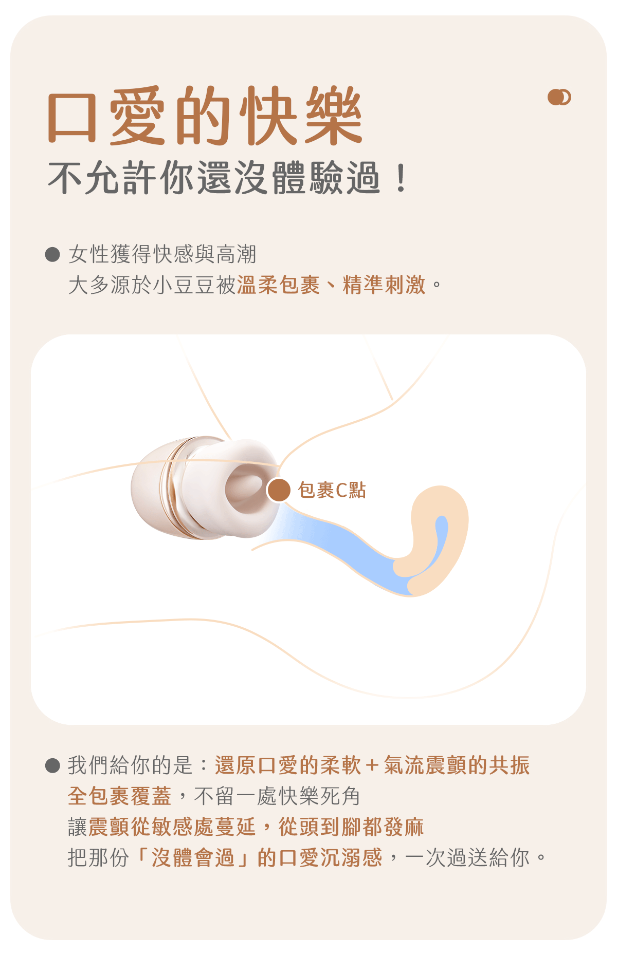 Kisstoy 唇之愛舌舔吸啜器原理示意圖，以線條圖說明軟唇如何溫柔包裹陰蒂，呈現精準刺激帶來的女性快感。