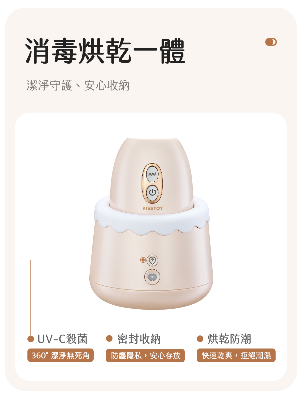 Kisstoy 唇之愛舌舔吸啜器插入消毒烘乾一體收納艙，標示UV-C殺菌、密封防塵收納與烘乾防潮三項功能。