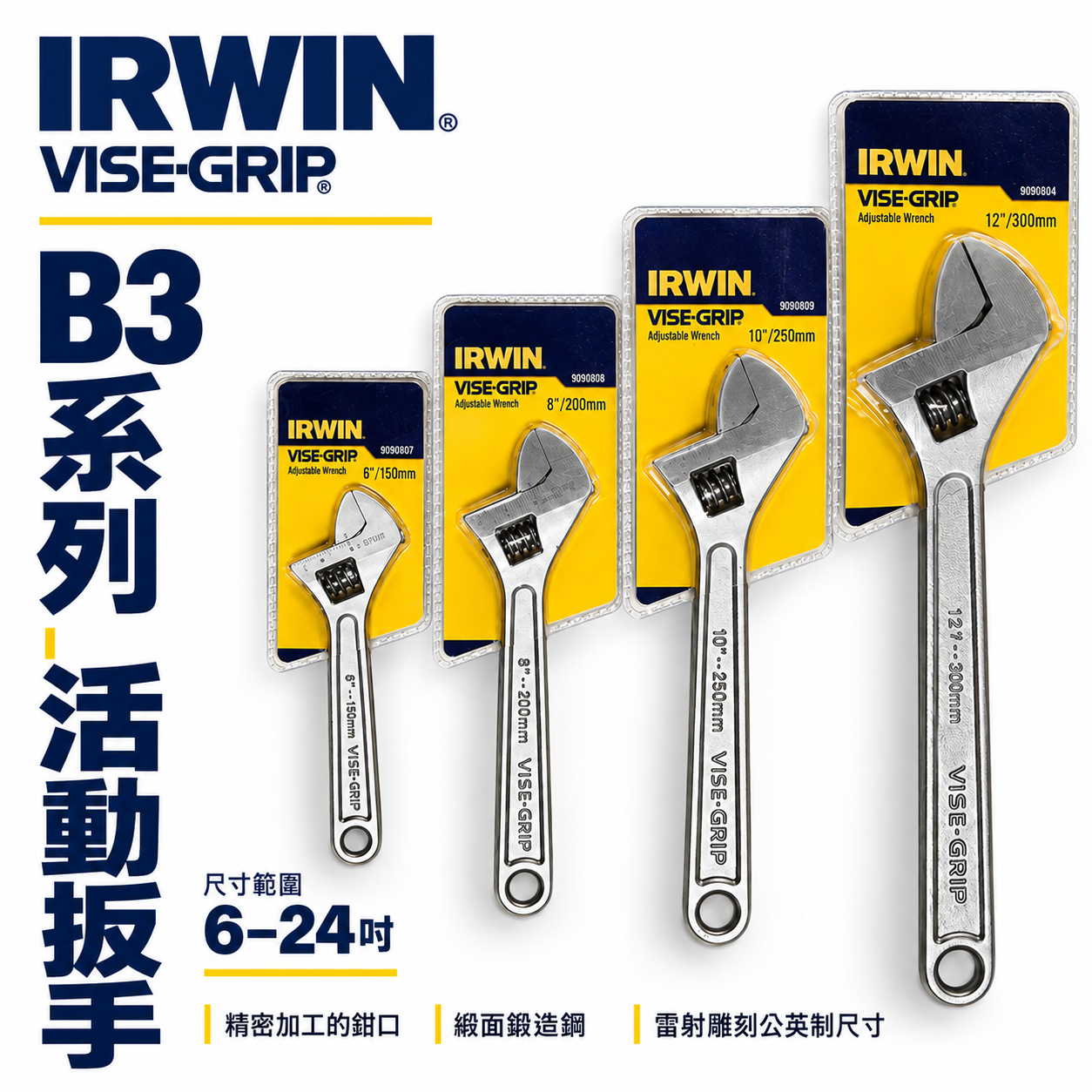 IRWIN 握手牌 美國 歐文｜6"-24"｜刻度顯示-強力型鐵柄活動扳手 調整式鍛造鋼活動板手｜B3系列