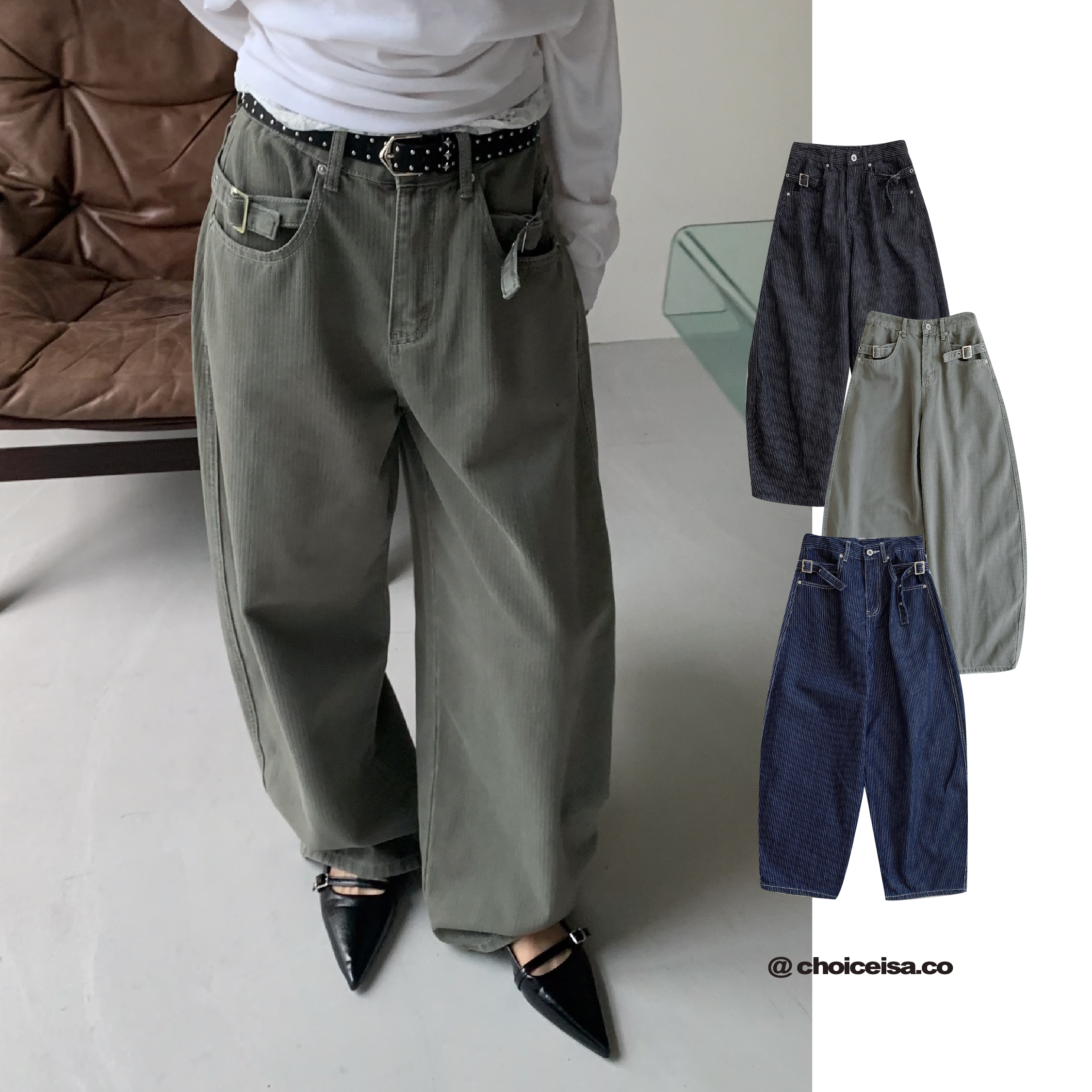 ISA_Back Details 美式復古直條紋牛仔褲_69039