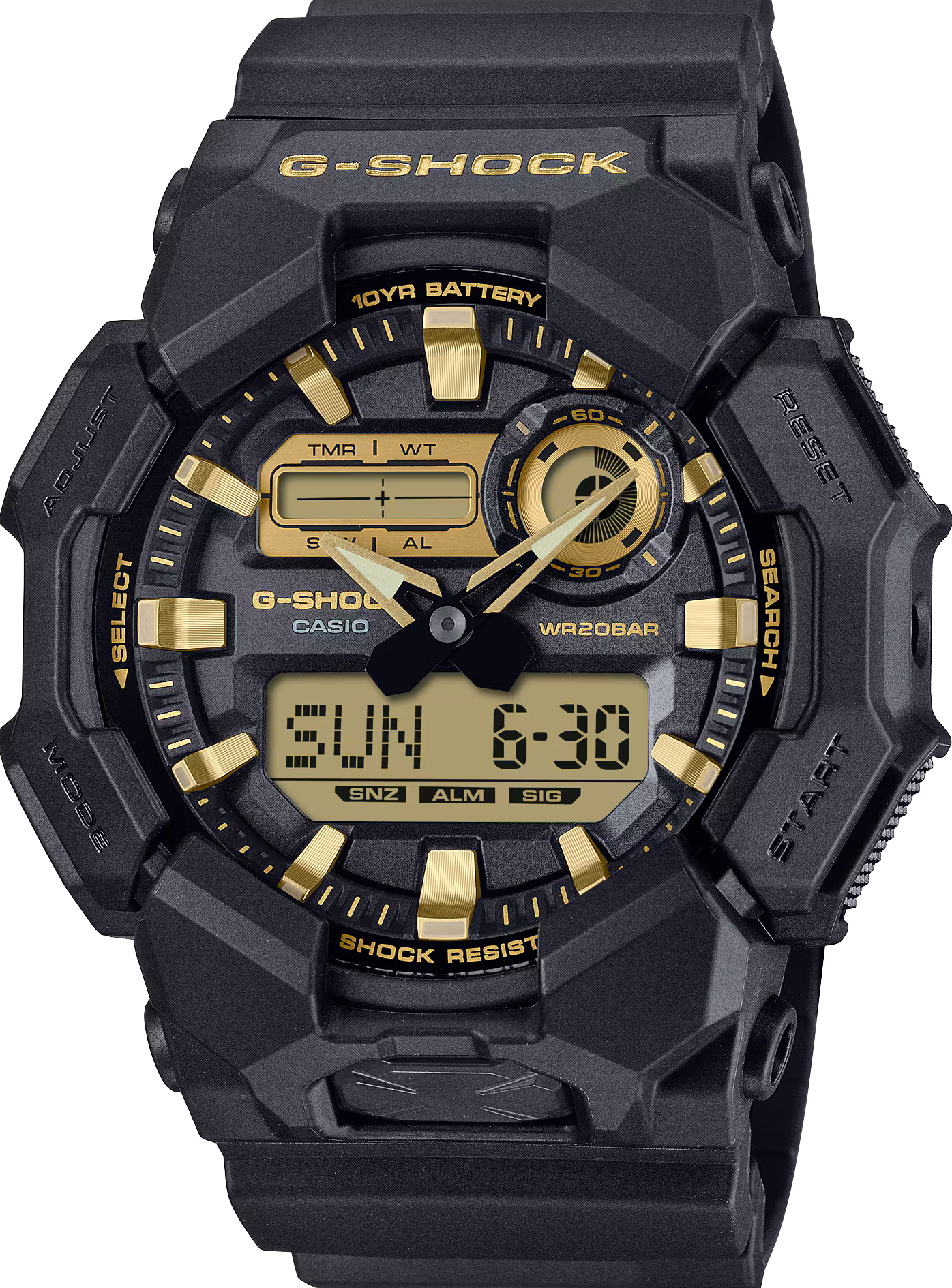 萬年鐘錶 - G-SHOCK  黑金配色時尚百搭雙顯數位運動電子錶 GA-010GB-1A9 錶徑 : 51.9mm