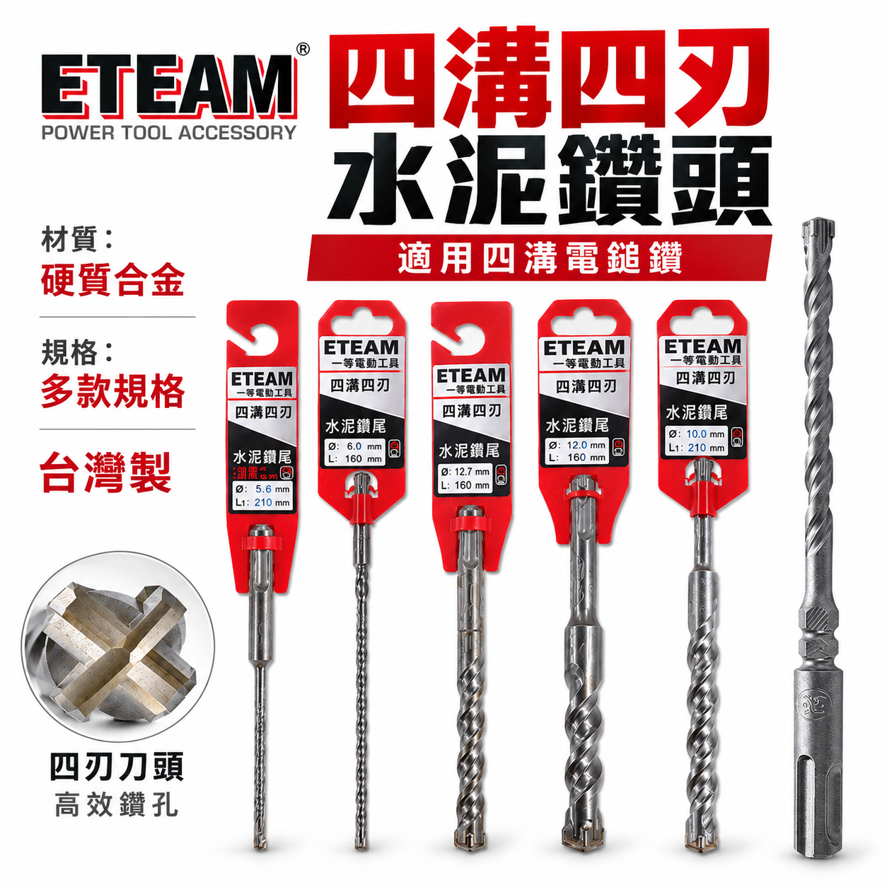 ETEAM 一等｜20mm 22mm｜SDS 四溝四刃水泥鑽頭 四溝4刃水泥鑽尾 免出力電鑽用 四溝水泥鑽頭