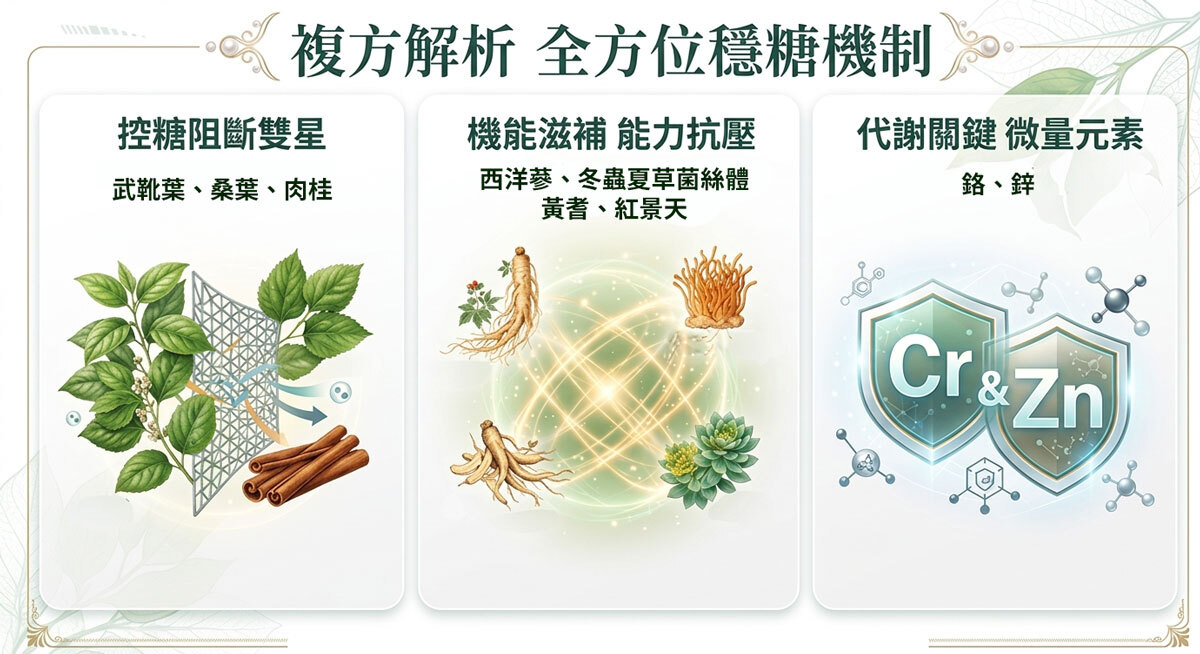 全方位穩糖機制複方解析圖，分為三個白色獨立卡片區塊：一、控糖阻斷雙星，展示武靴葉、桑葉及肉桂的植物插圖與網狀阻斷意象；二、機能滋補能力抗壓，展示西洋蔘、冬蟲夏草菌絲體、黃耆及紅景天等中草藥與金色光芒能量球；三、代謝關鍵微量元素，展示帶有 Cr（鉻）與 Zn（鋅）字樣的雙盾牌防護與化學分子結構。整體呈現純白醫療乾淨風格，字體為華康新特明體。